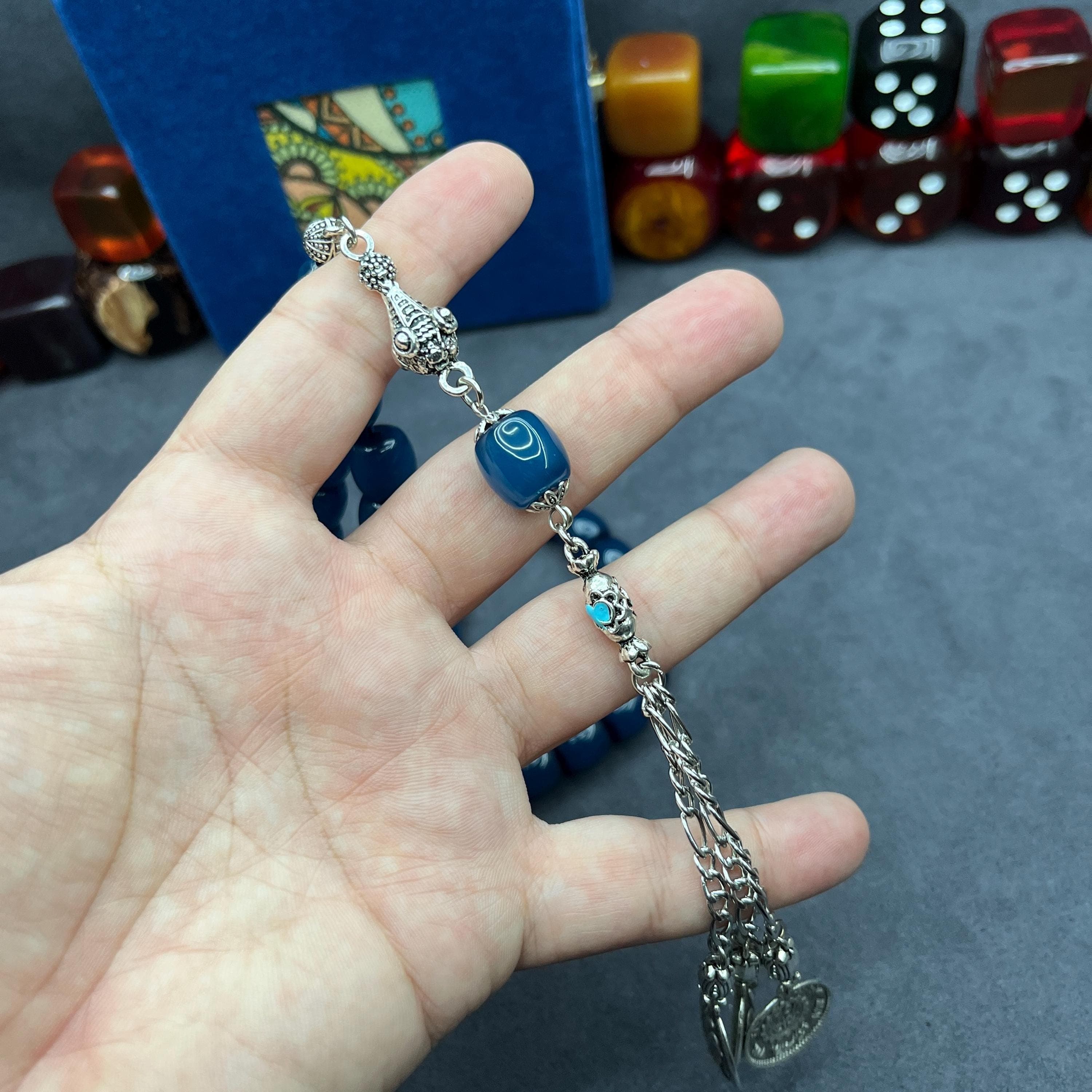 Blue Faturan 33-Bead Tasbih: Muslim Bakelite Prayer Beads, Islamic Metal Tassel Tasbeeh - image 4