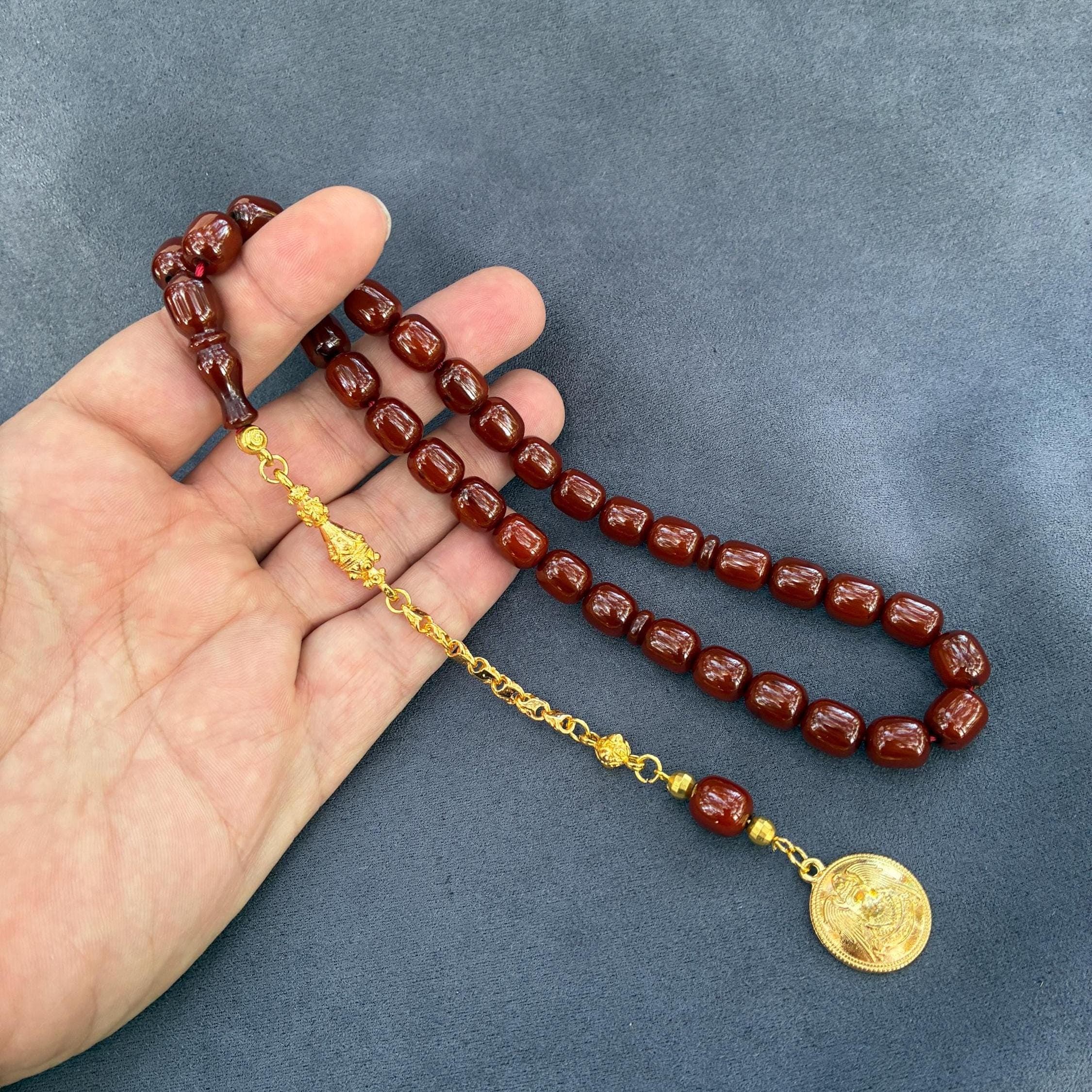 Handmade Brown Bakelite Prayer Beads, Gold Plated Tassel, Muslim Rosary Gift - image 3