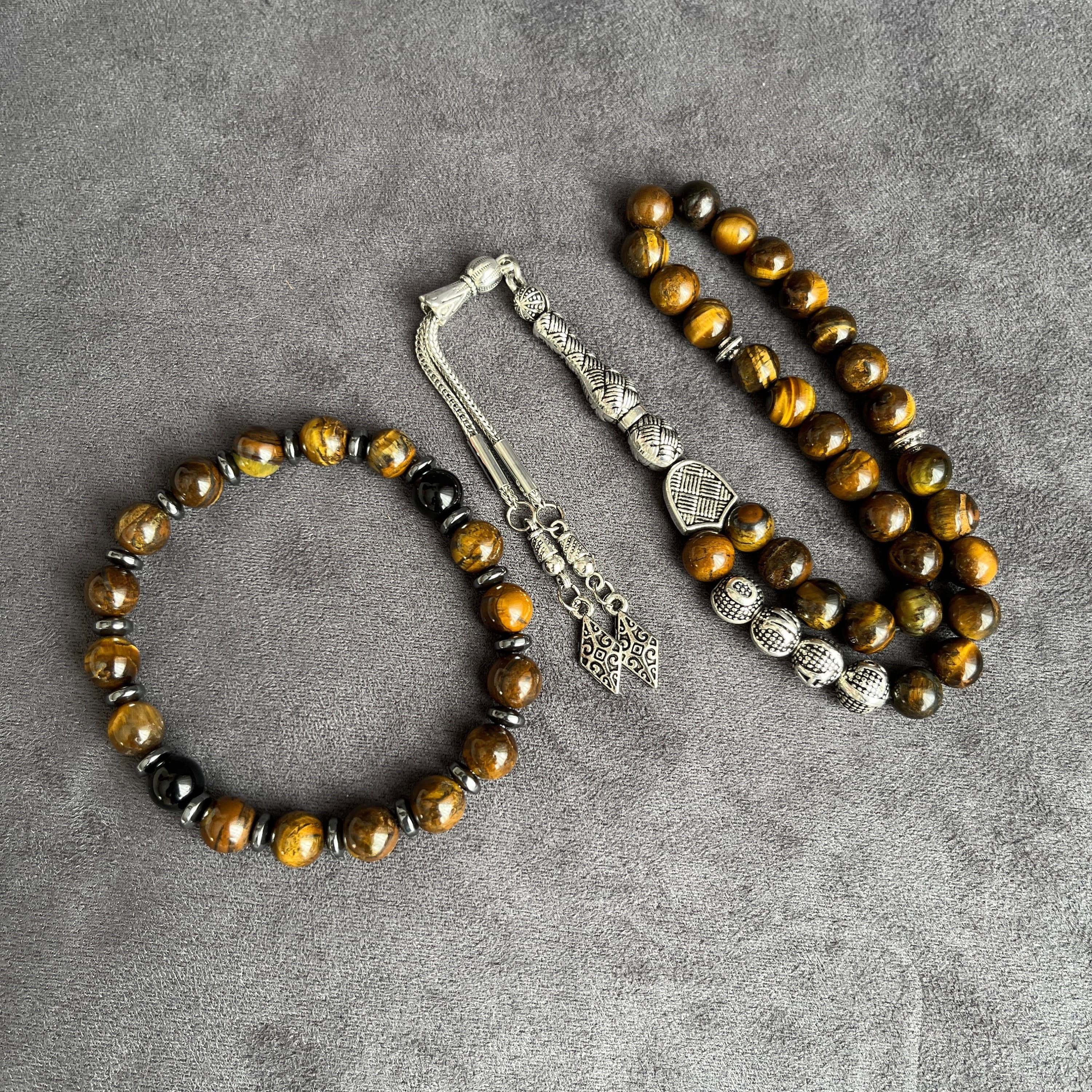 Custom Tiger Eye Prayer Beads and Bracelet Set, Islamic Gift