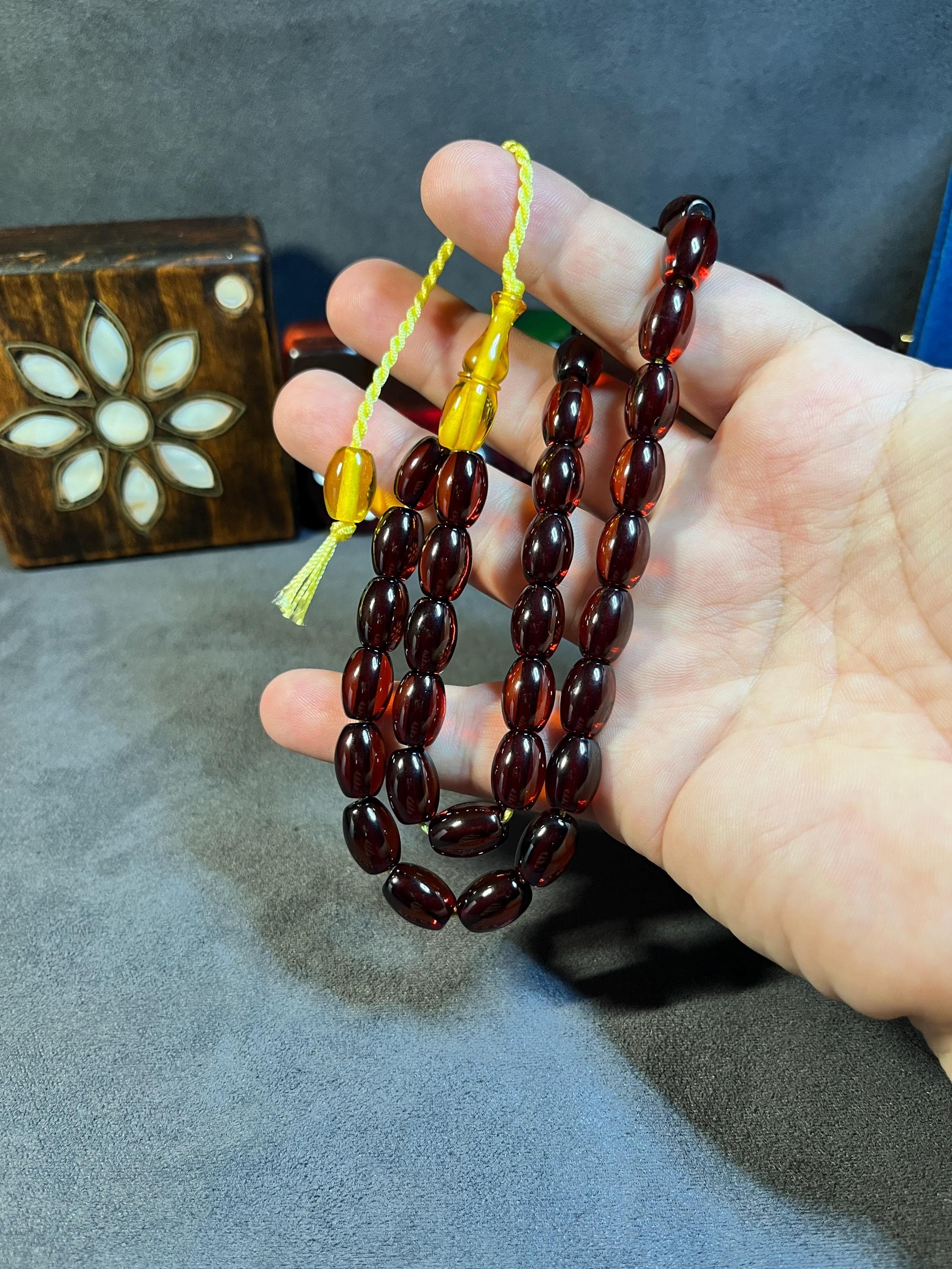 Ottoman Faturan Style Bakelite Tasbih, 33 Cherry Yellow Prayer Beads - image 5