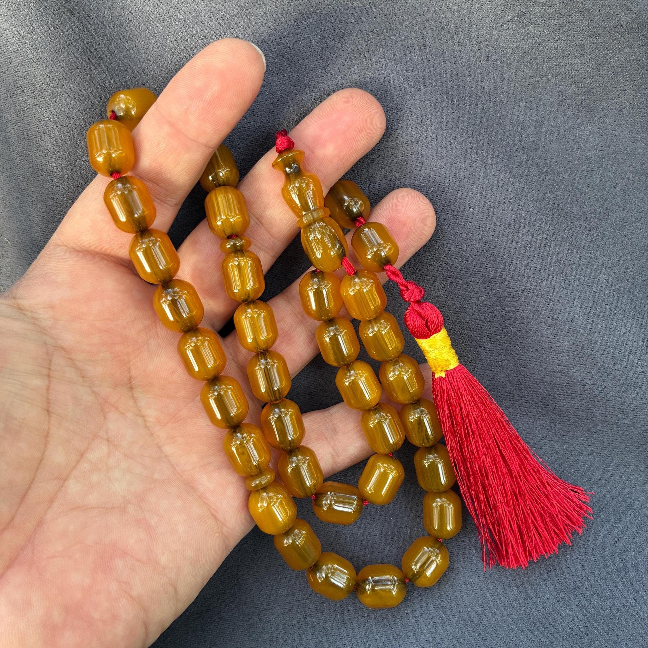 Yellow Faturan Prayer Beads, 33 Bead Ottoman Tasbeeh, New Bakelite Dhikr Beads - image 4