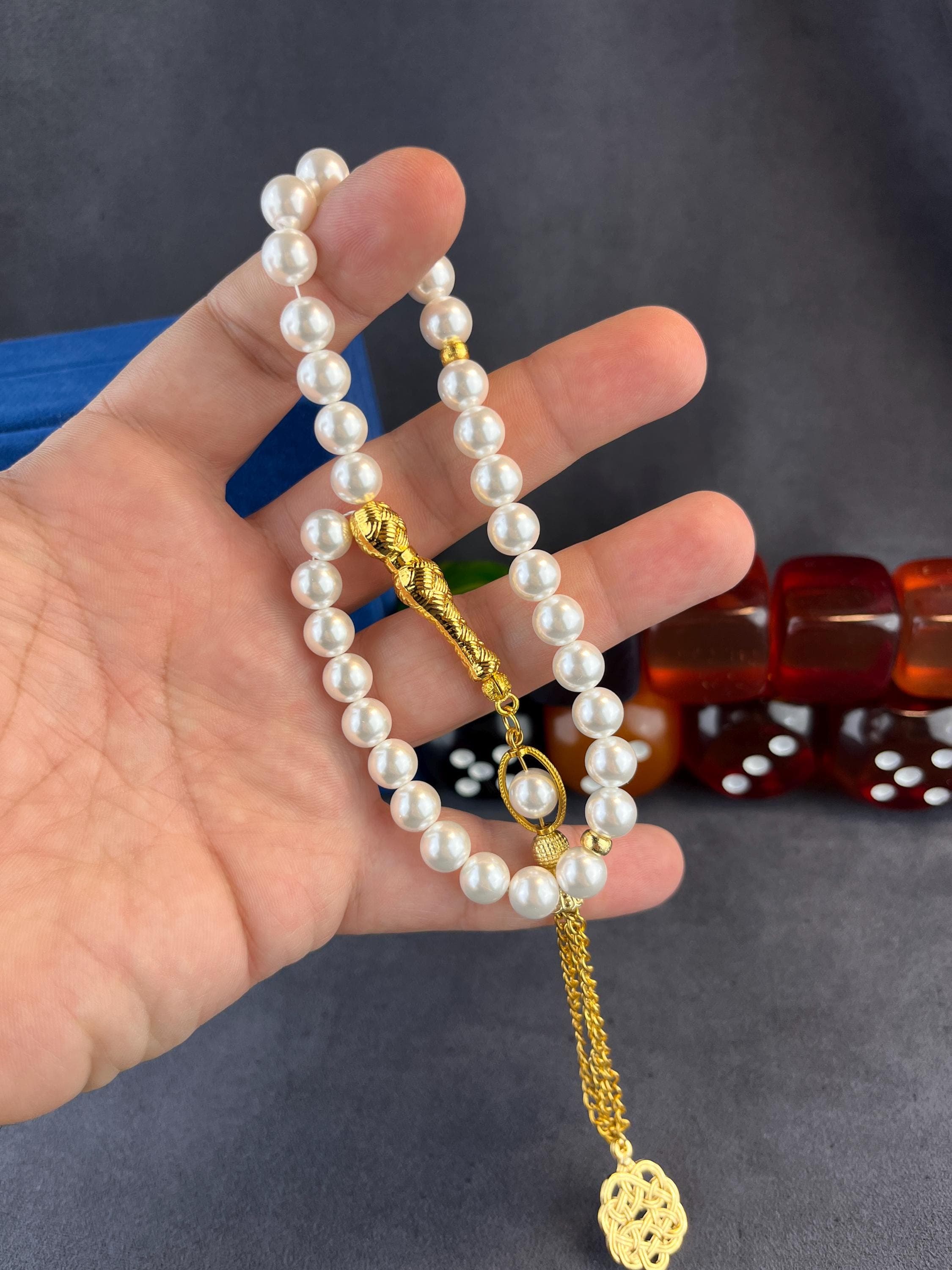 Pearl Prayer Beads 33, Gold Plated Tassel Tasbih