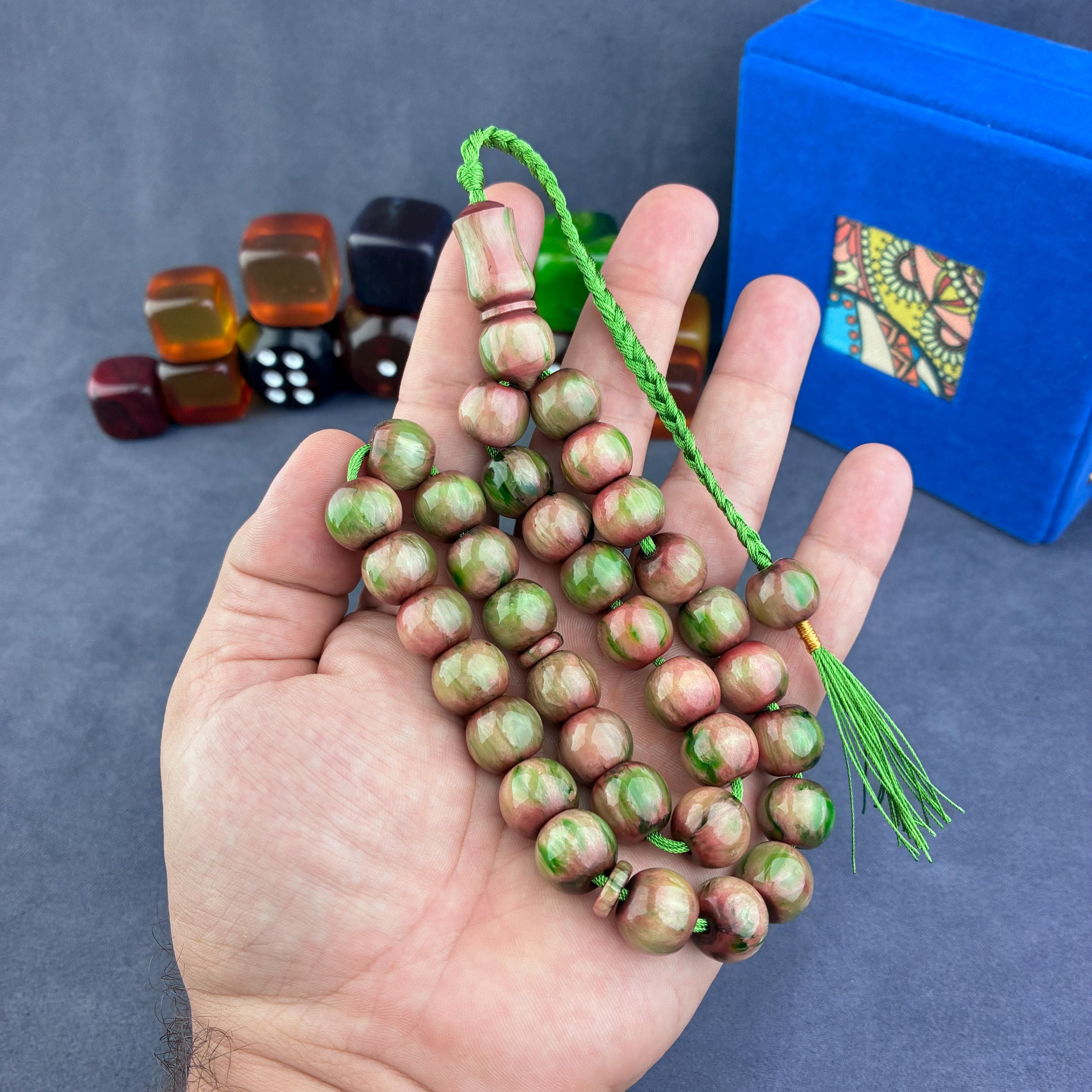 Handmade Catalin Prayer Beads – Green & Pink Islamic Tasbih - image 3