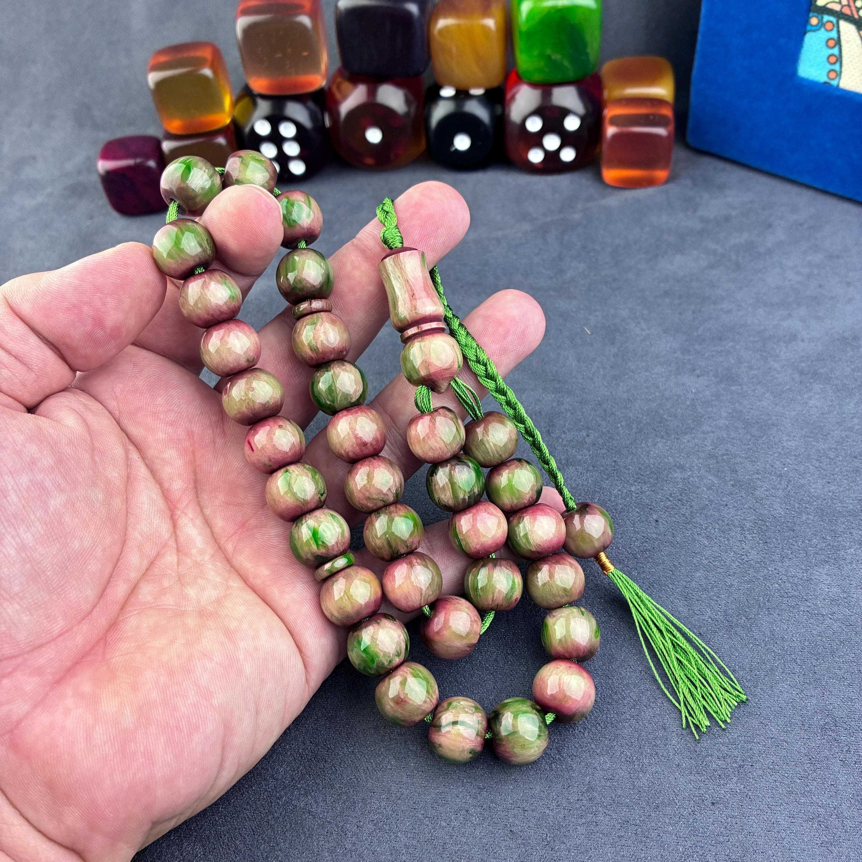 Handmade Catalin Prayer Beads – Green & Pink Islamic Tasbih - image 4