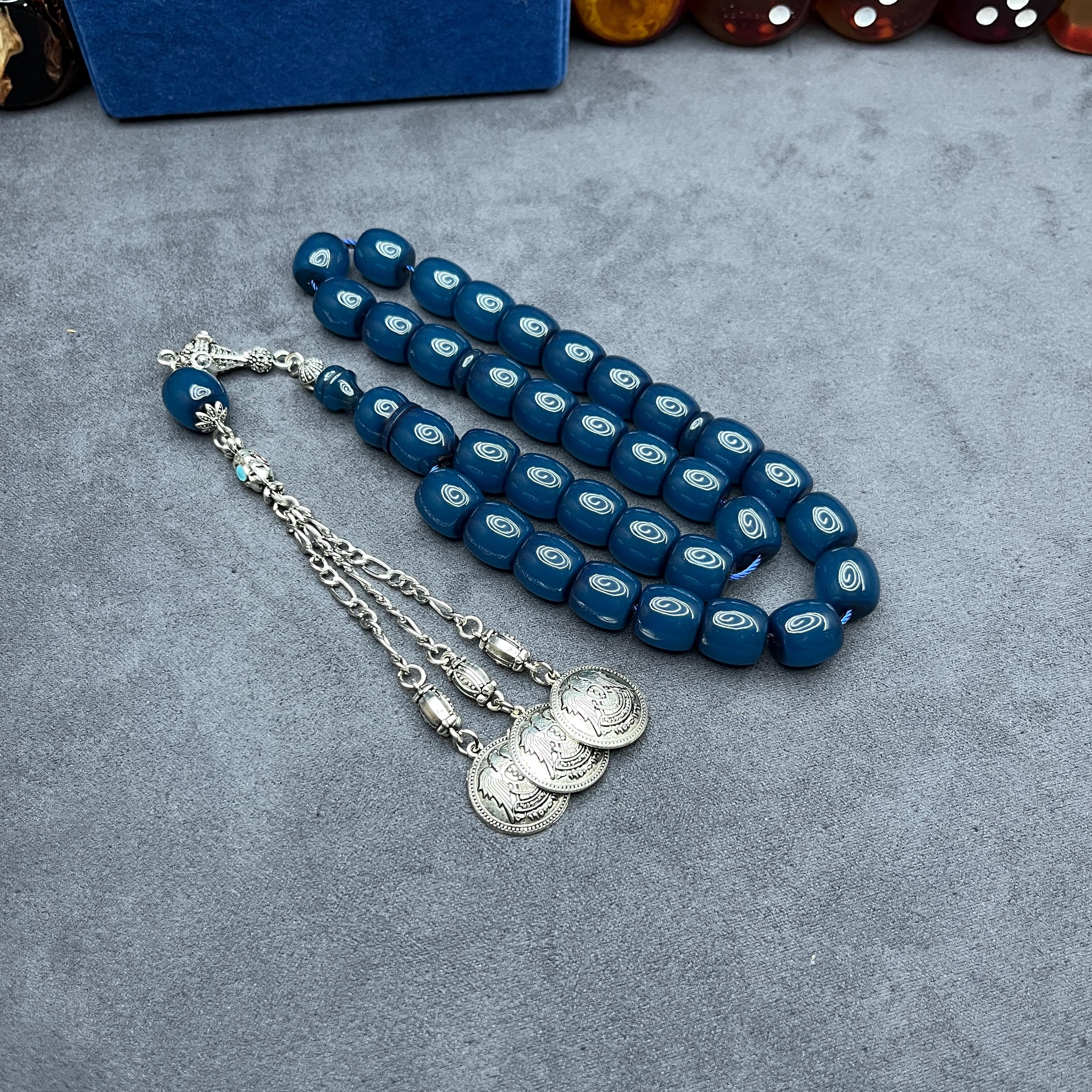 Blue Faturan 33-Bead Tasbih: Muslim Bakelite Prayer Beads, Islamic Metal Tassel Tasbeeh - image 3