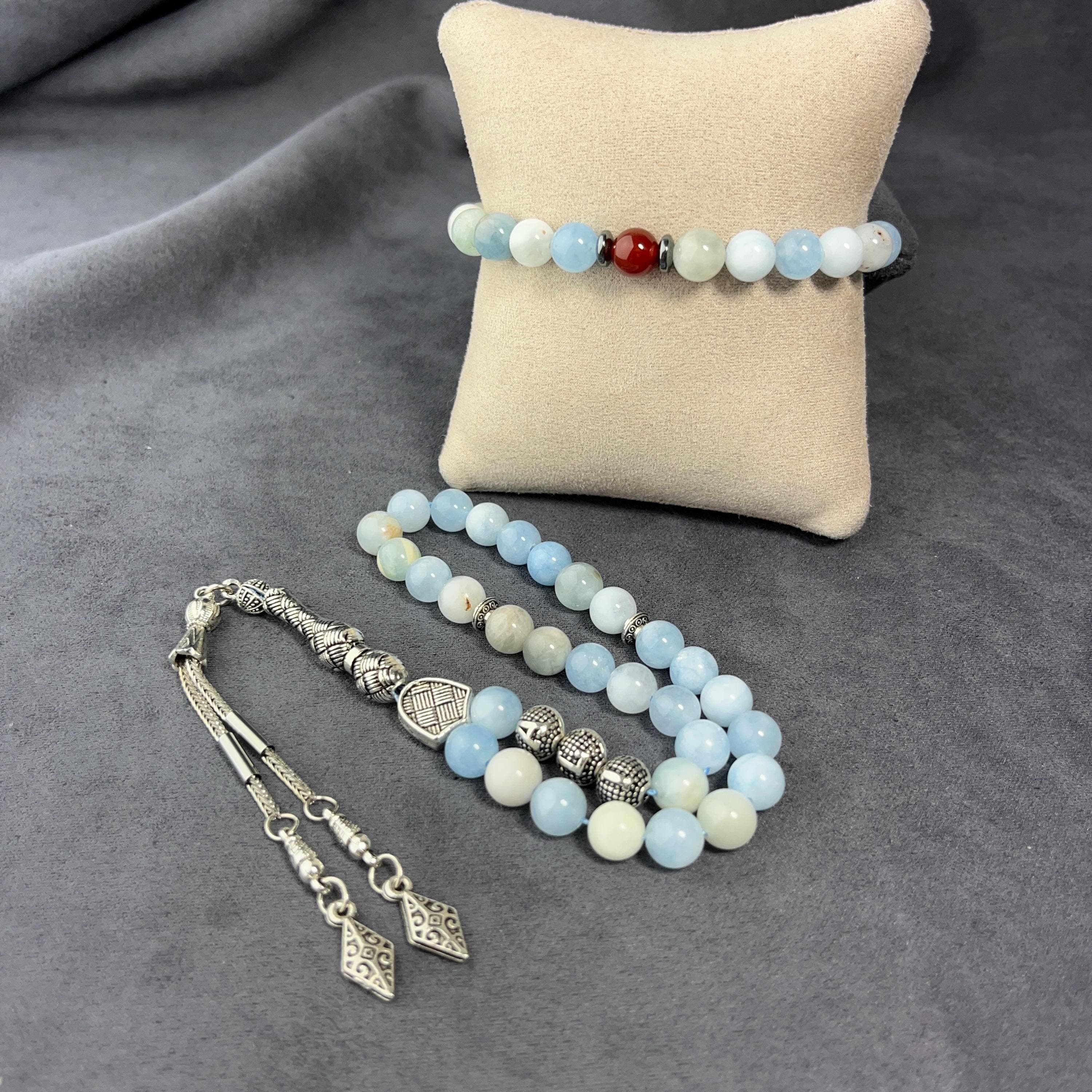 Personalized Named Aquamarine Rosary Bracelet Set