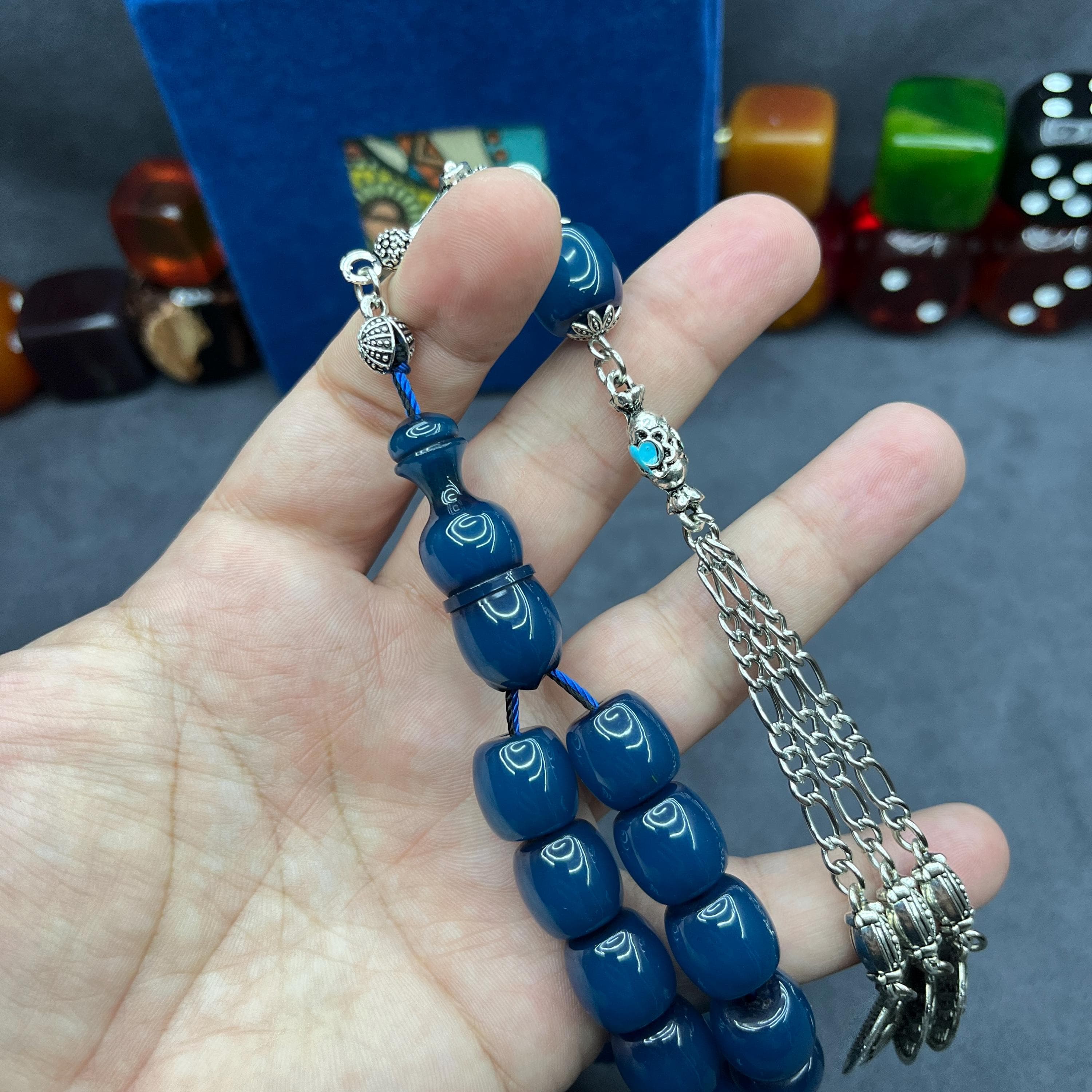 Blue Faturan 33-Bead Tasbih: Muslim Bakelite Prayer Beads, Islamic Metal Tassel Tasbeeh - image 5
