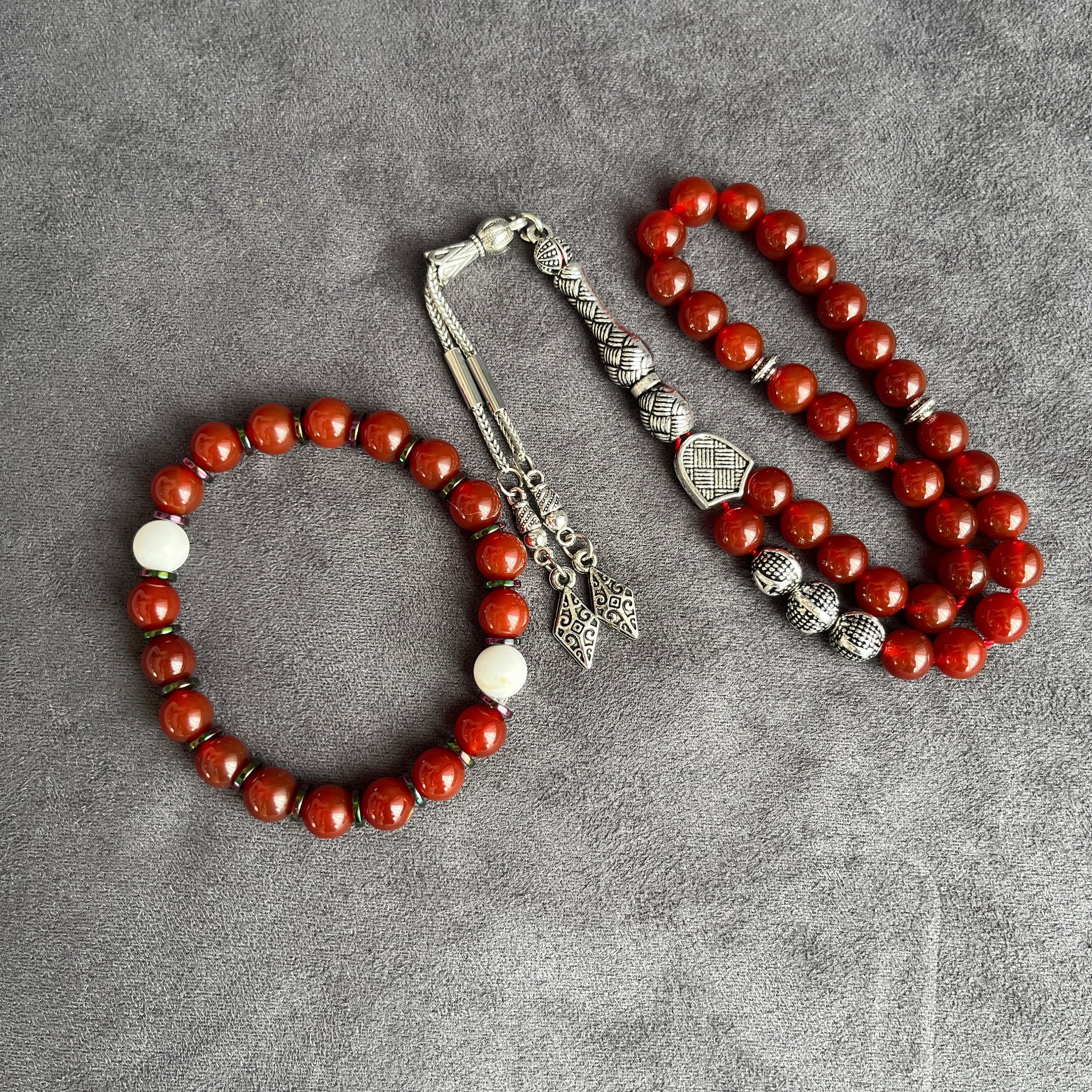 Personalized Red Agate Islamic Prayer Beads and Bracelet Set, Eid Gift
