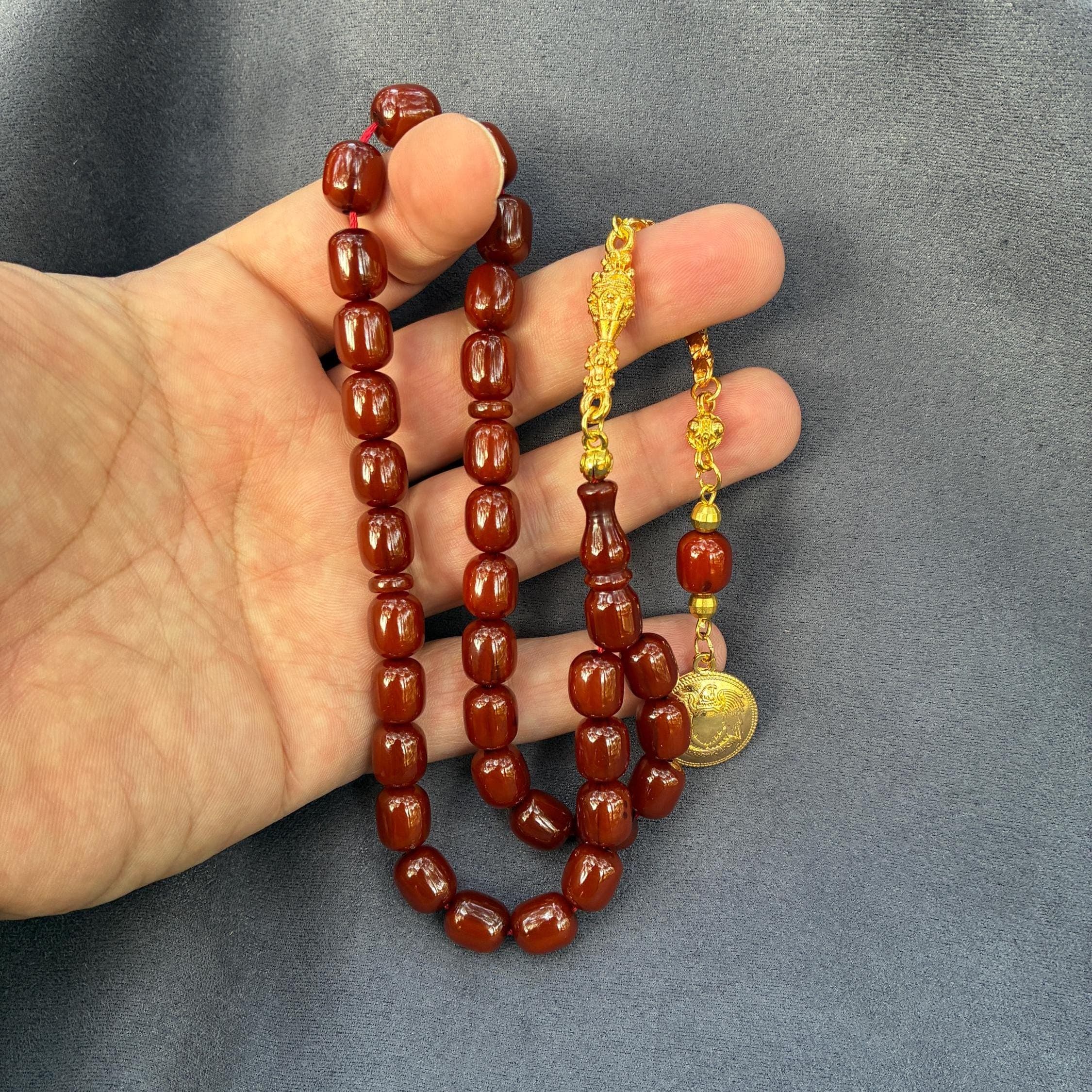 Handmade Brown Bakelite Prayer Beads, Gold Plated Tassel, Muslim Rosary Gift - image 5