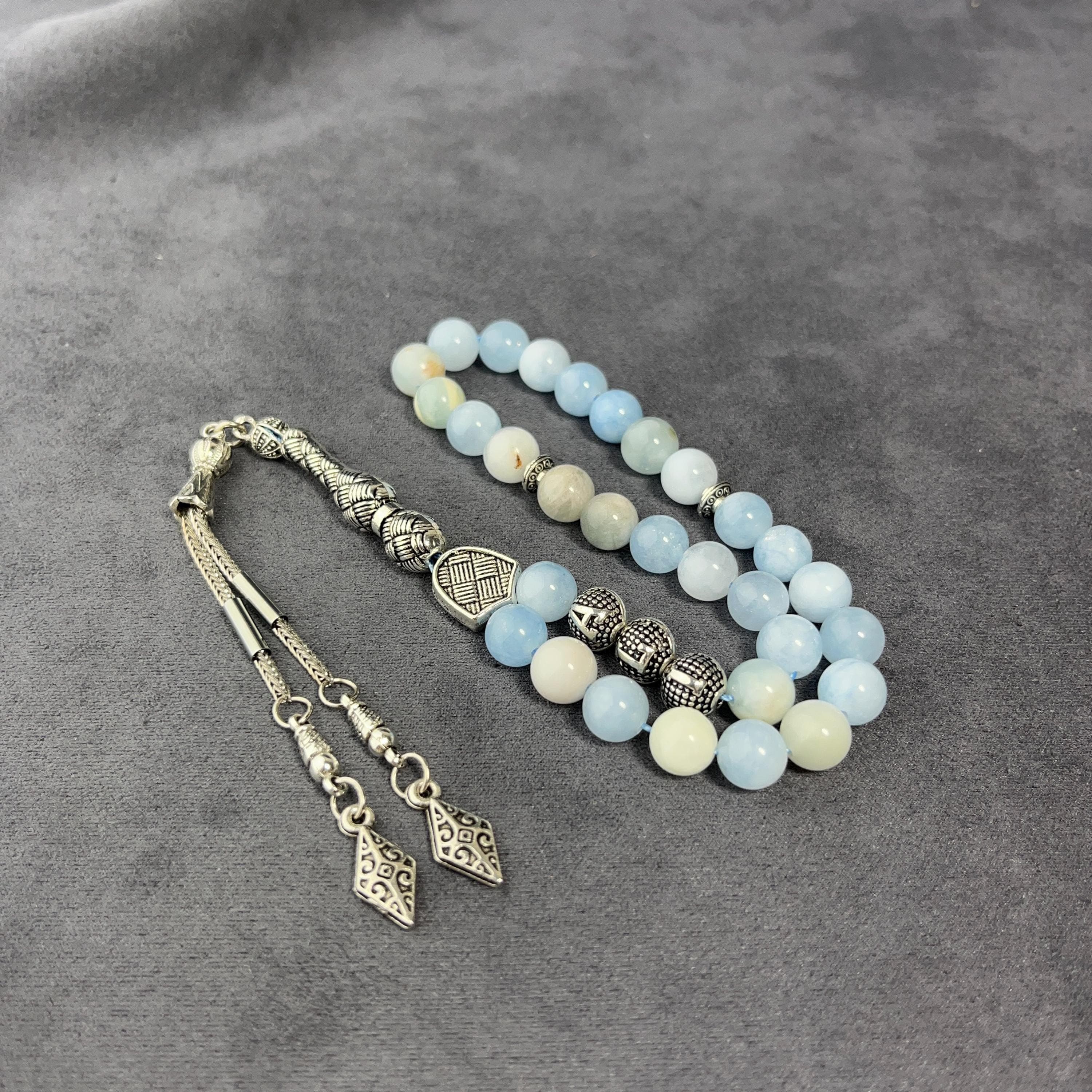 Personalized Aquamarine Rosary Bracelet Set: Natural Gemstone Prayer Beads