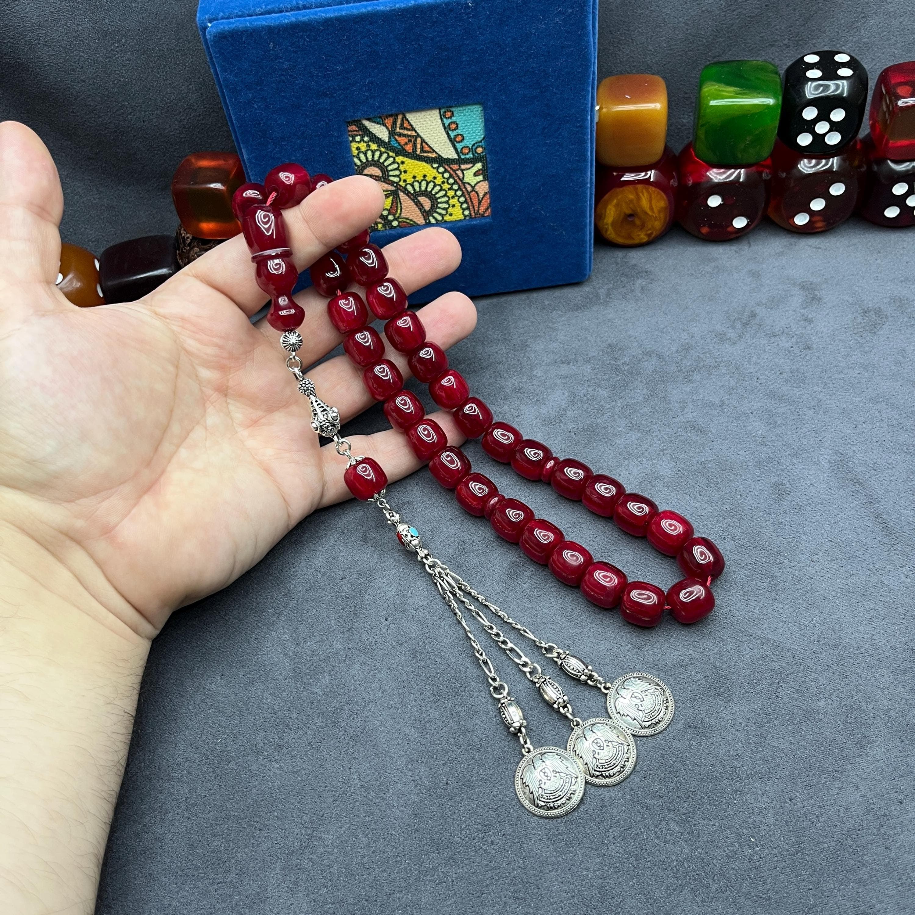 Bakelite Faturan Style 33-Bead Tasbih: Cherry Ottoman Amber Prayer Beads, Metal Tassel Misbaha,