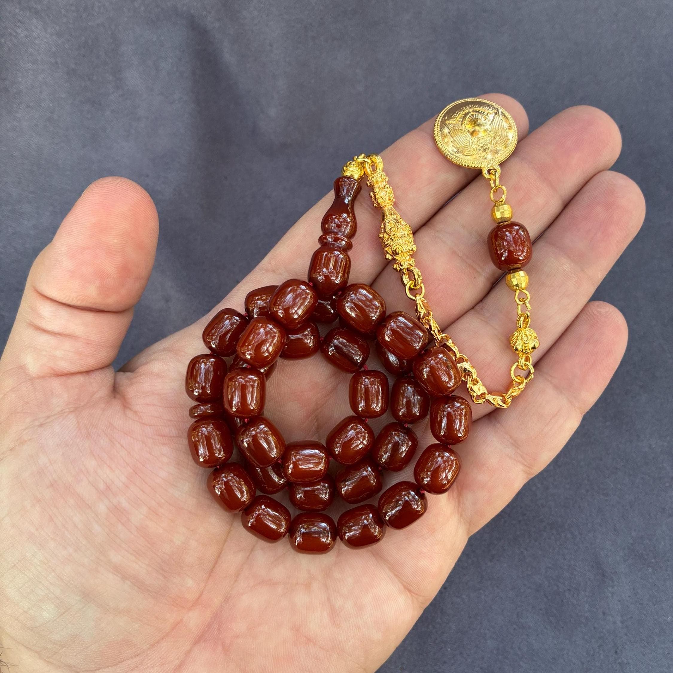 Handmade Brown Bakelite Prayer Beads, Gold Plated Tassel, Muslim Rosary Gift - image 4