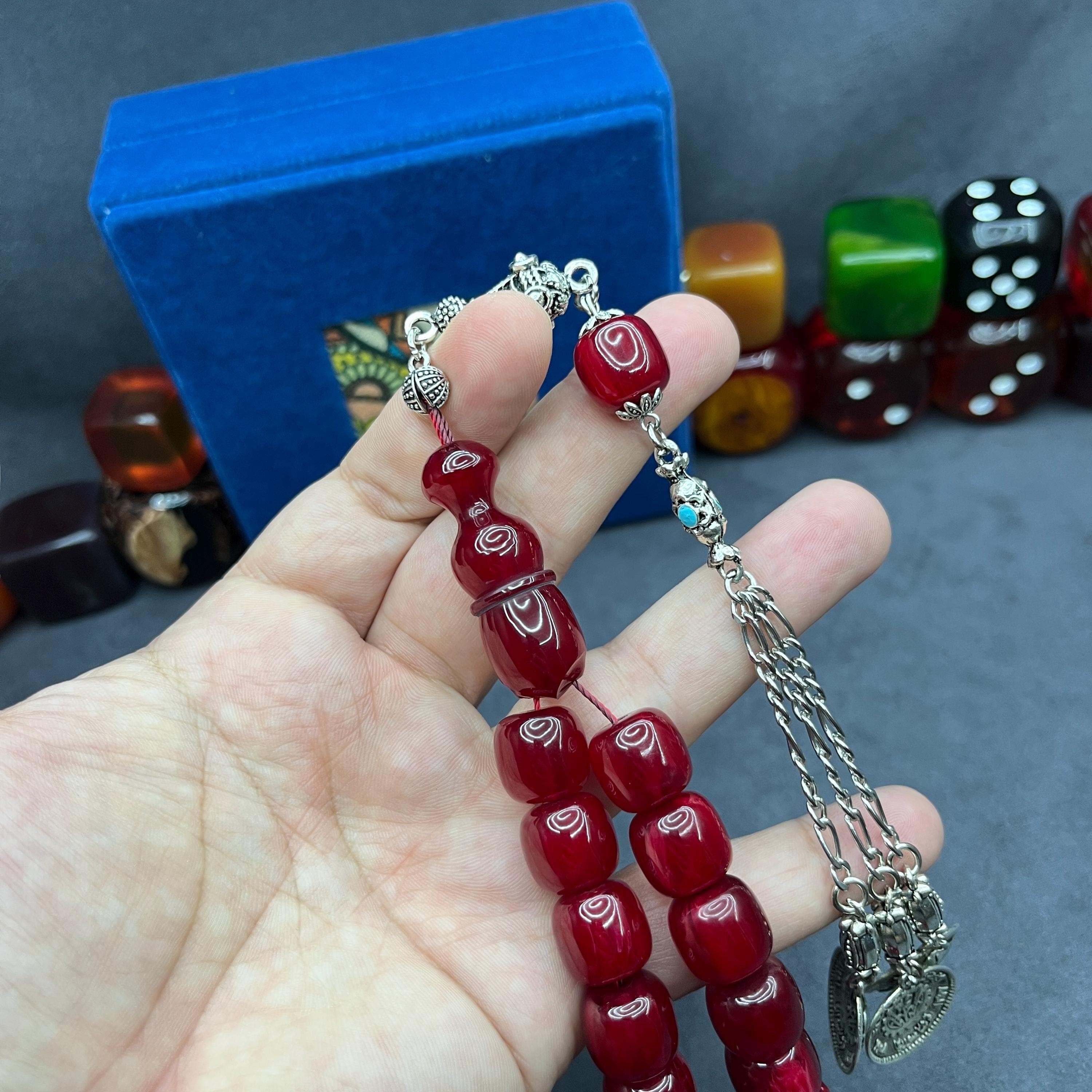 Bakelite Faturan Style 33-Bead Tasbih: Cherry Ottoman Amber Prayer Beads, Metal Tassel Misbaha, - image 4