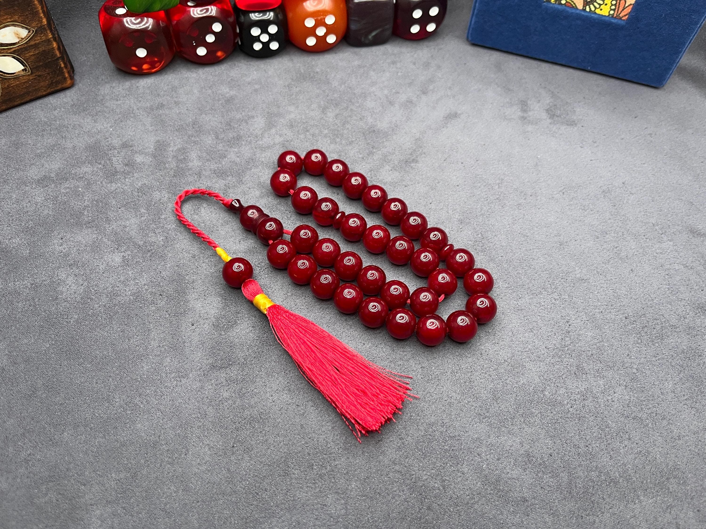 Faturan Cherry Bakelite 33-Bead Rosary: Ottoman Amber Tasbih Prayer Beads, Ramadan Eid Gift,