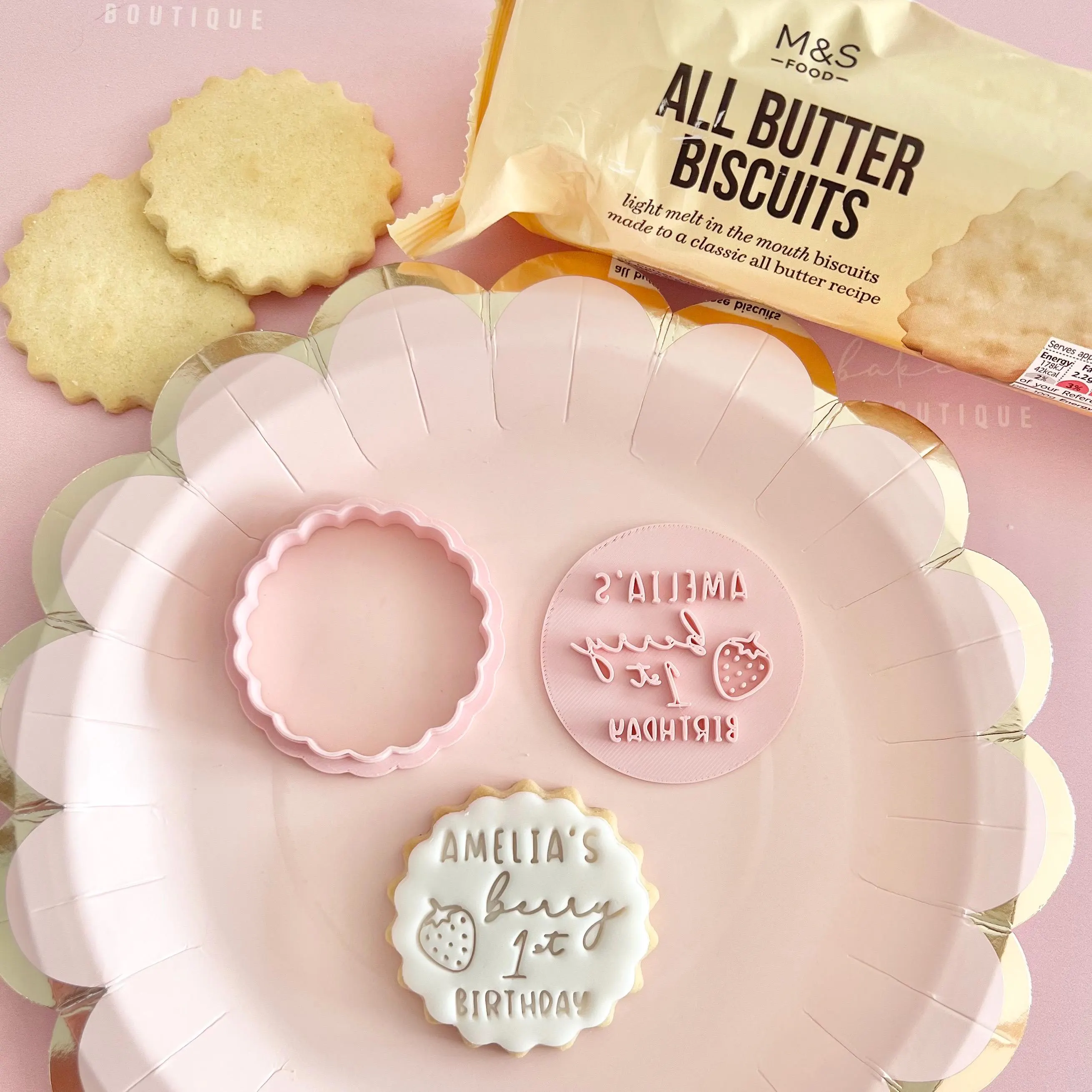 Customised berry first fondant stamp embosser custom personalised biscuit cookie cutter topper m and s m&s birthday party 1st strawberry one - image 2
