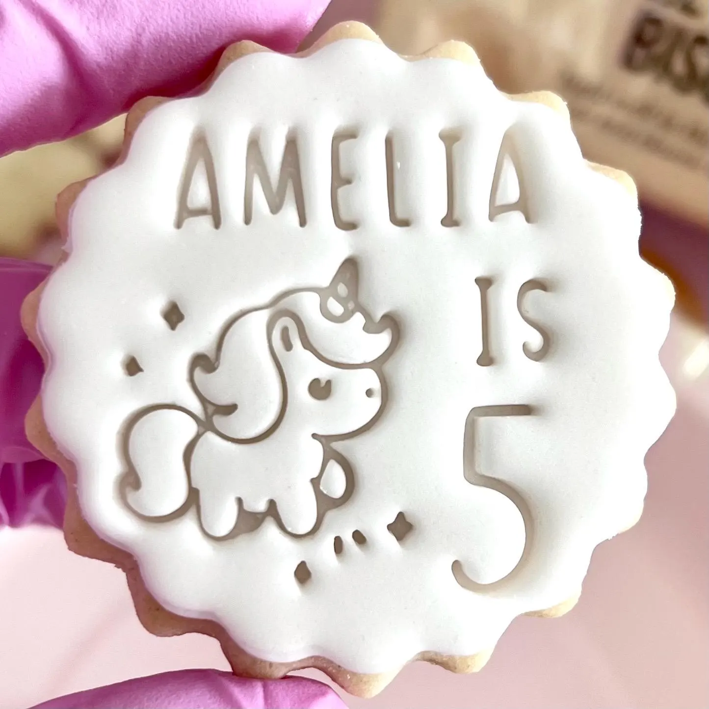 Customised unicorn fondant stamp embosser custom personalised biscuit cookie cutter topper m and s m&s birthday party 4th 5th 6th