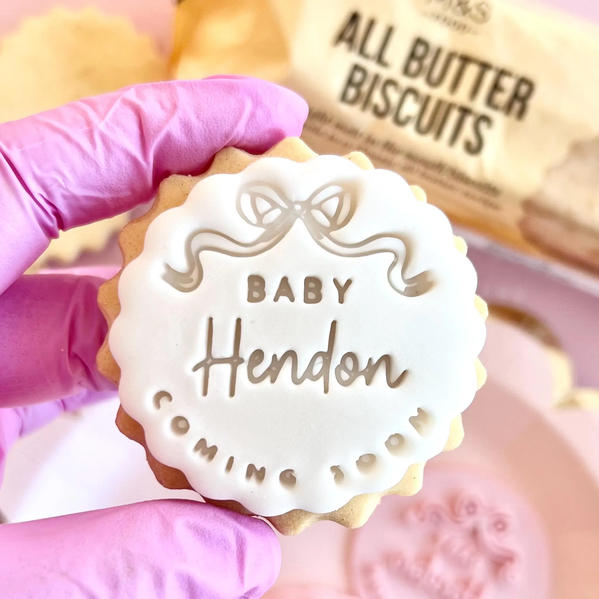 Customised baby shower bow fondant stamp embosser custom personalised biscuit cookies cutter cupcake topper m and s m&s coming soon surname