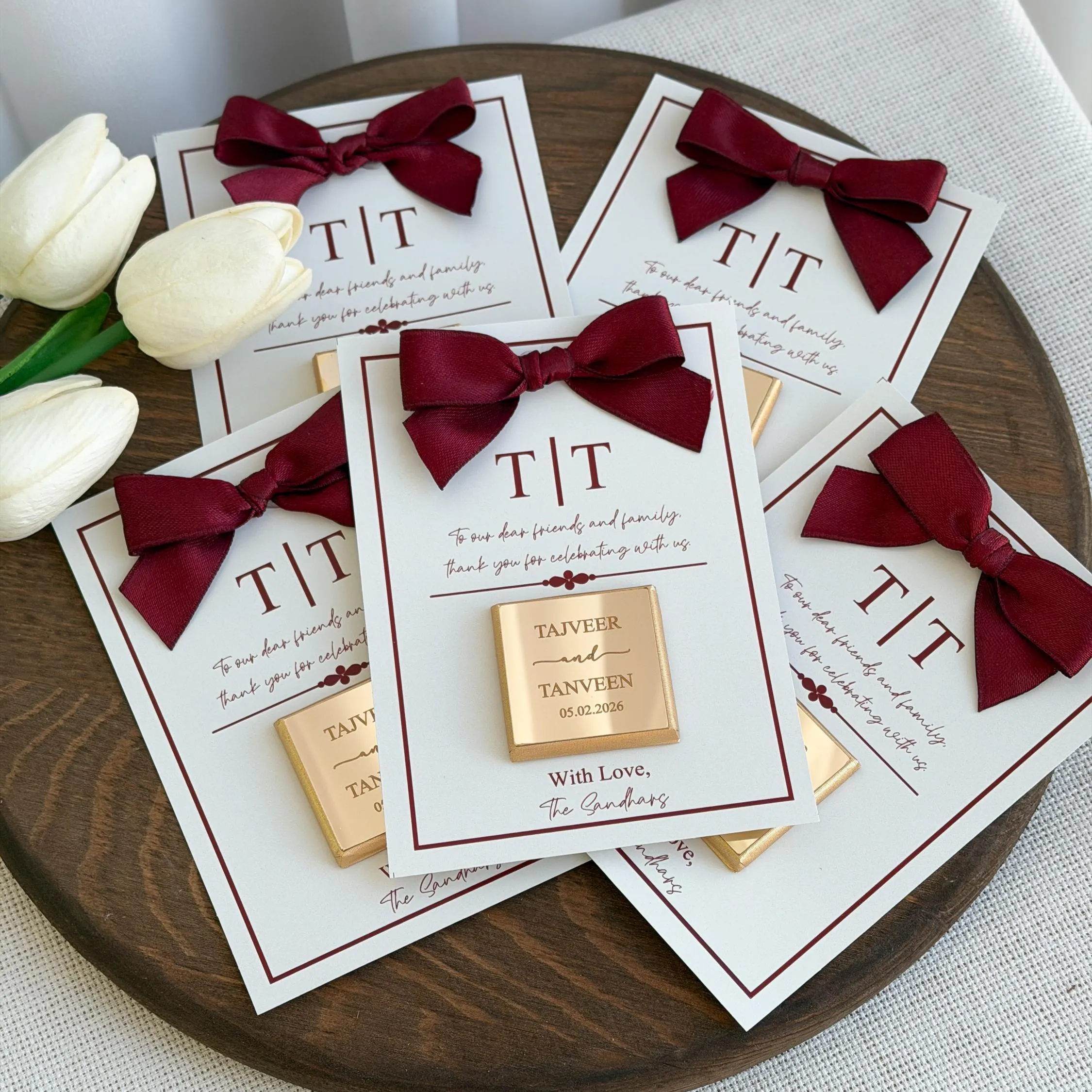 Personalized Chocolate Thank You Card with Burgundy Bow