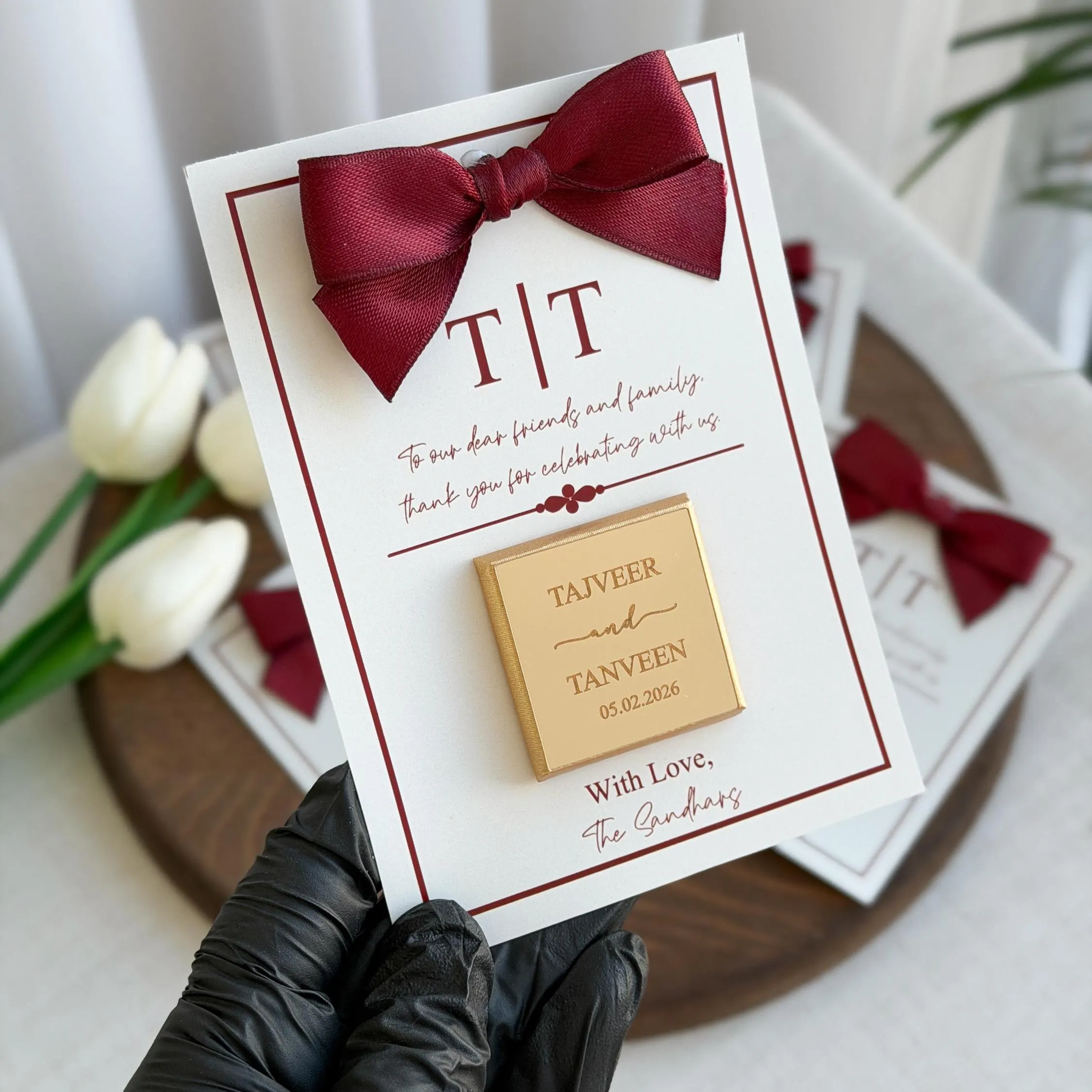 Personalized Chocolate Thank You Card with Burgundy Bow - image 3