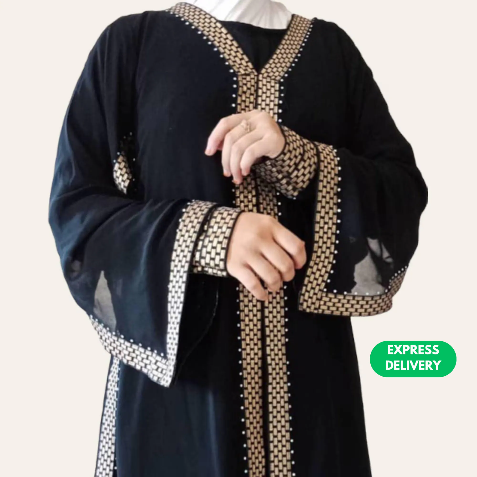 Lace Trim Black Abaya Dress: Saudi Jetblack Fabric