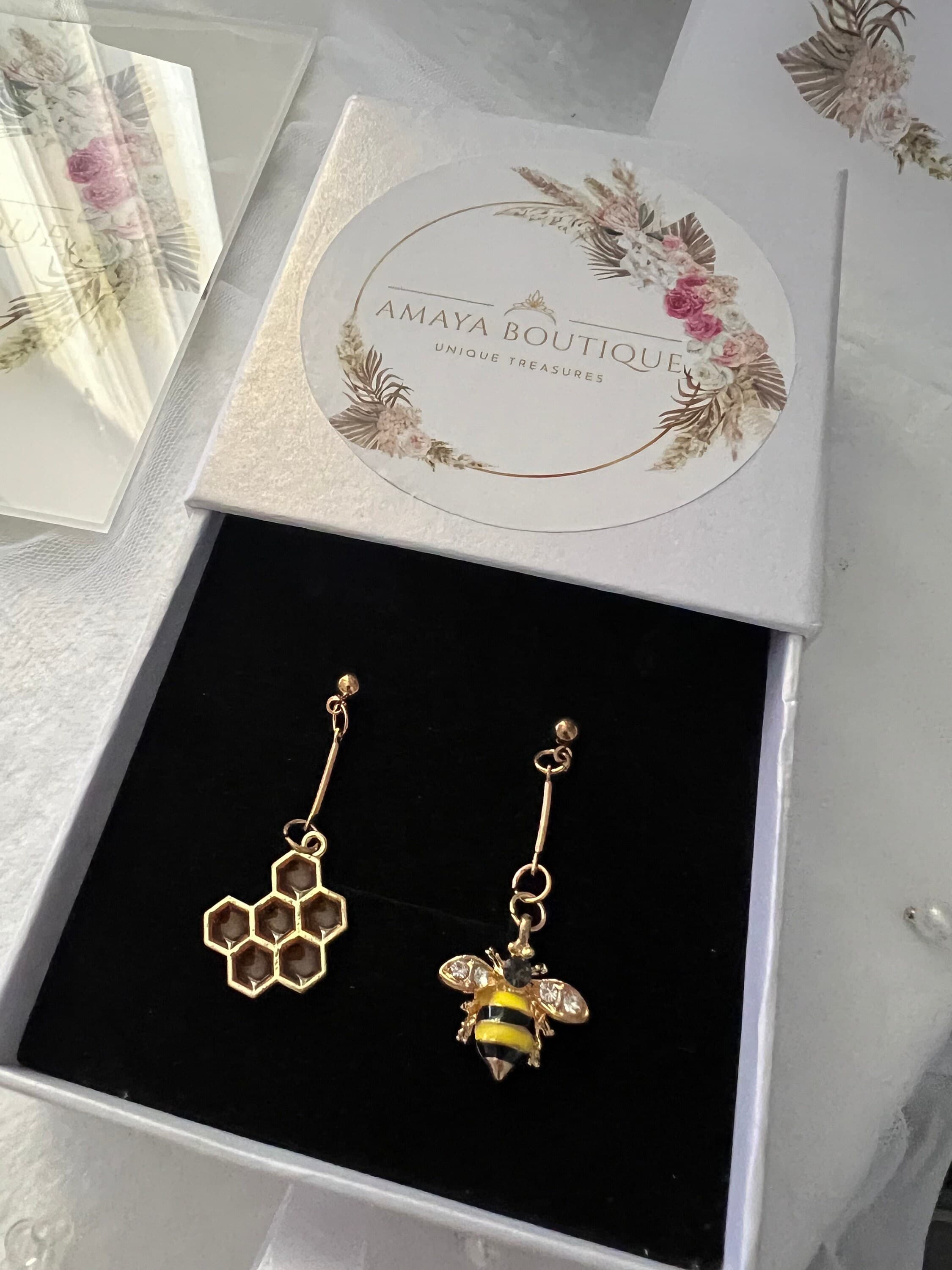 Bee & Honeycomb earrings | irregular earrings | Korean style | mismatch earrings | - image 2