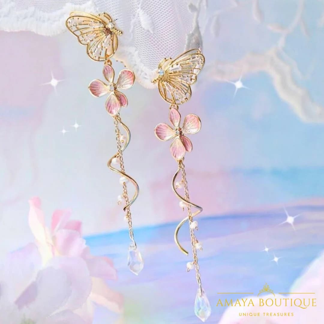 Floral dangle earrings | Mismatch earrings | Irregular earrings | Gift idea | floral | butterfly | - image 2