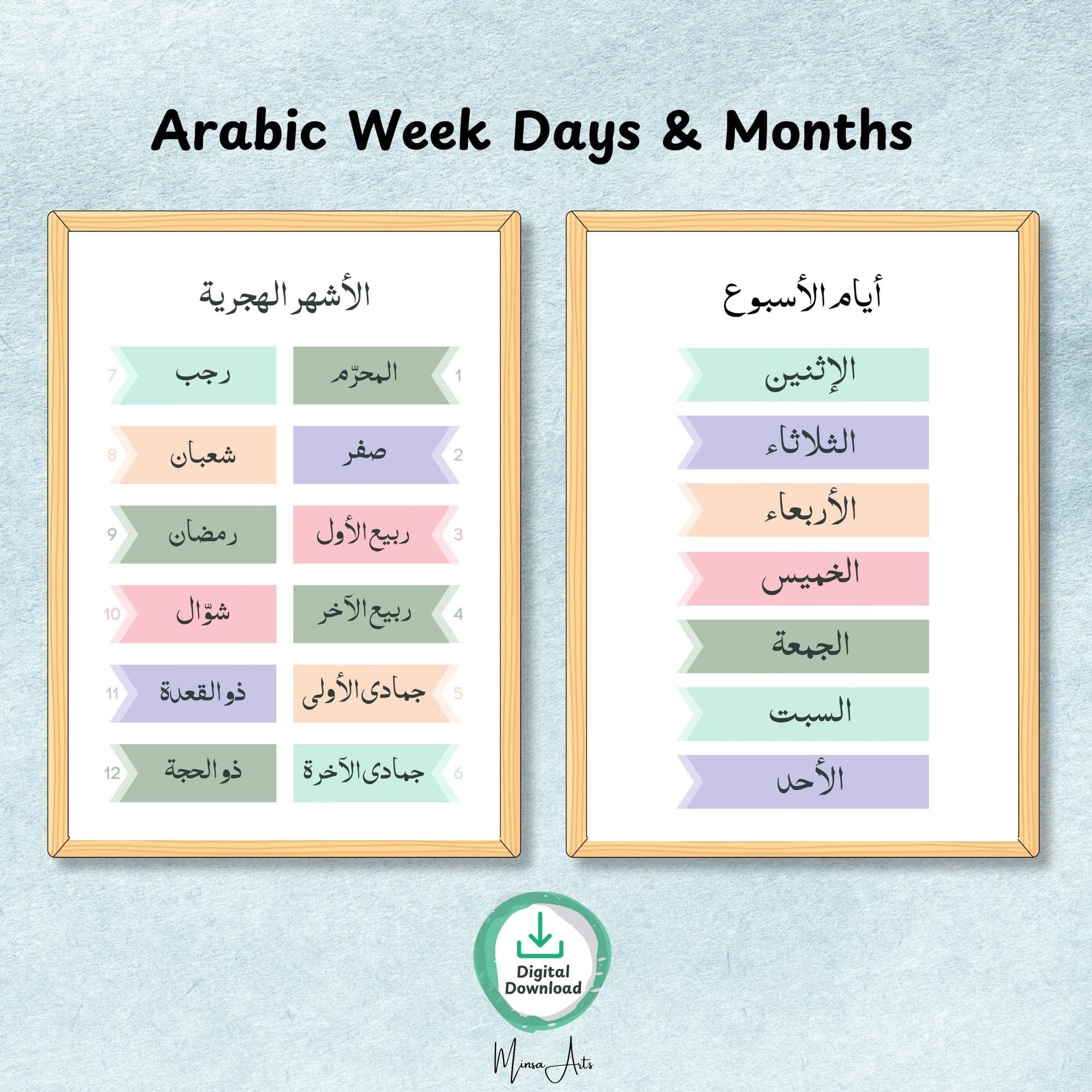 Arabic Educational Poster for Kids | Alphabet, Numbers, Shapes, Colors Days and Islamic Months | Arabic Learning Wall Art