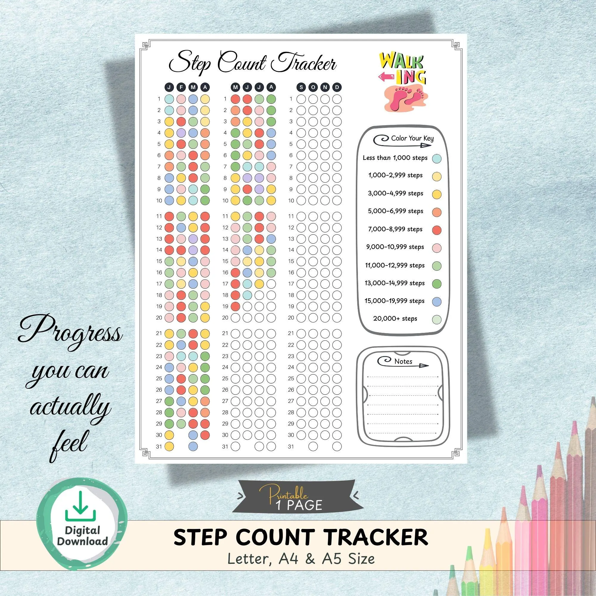 Step Count Tracker Printable | Daily Steps Log | Walking Fitness Tracker Chart | A4 A5 Letter