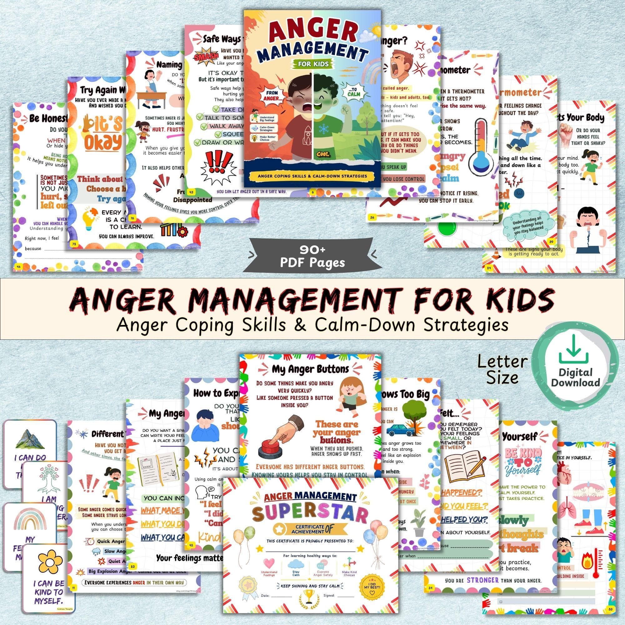Anger Management & Coping Skills Workbook for Kids Printable, Emotional Regulation Calm Down Activities Big Feelings SEL Worksheets DBT Card