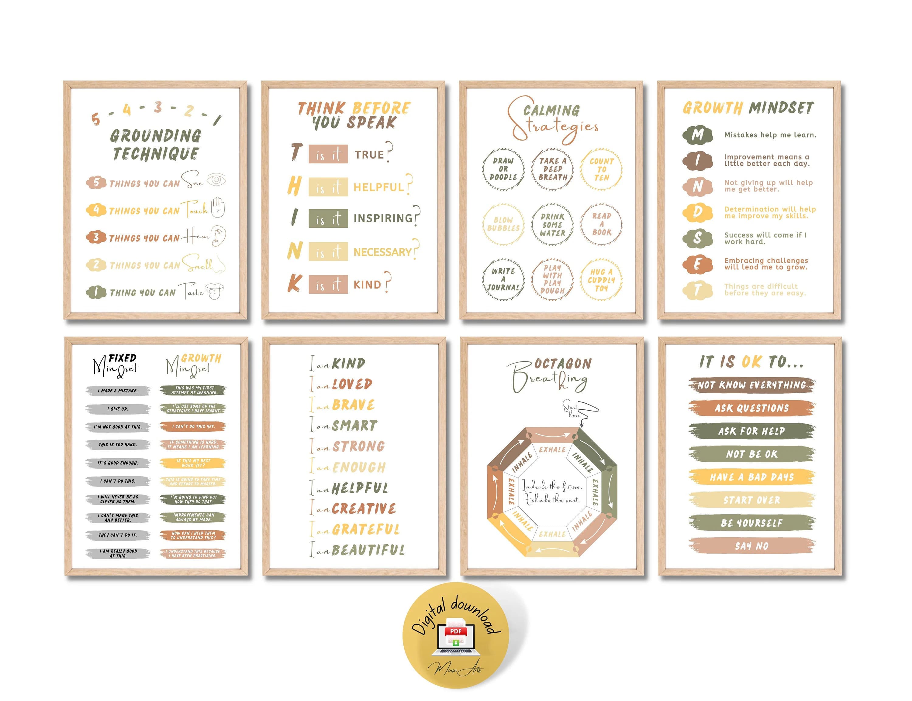 Calming Corner Posters: Self Regulation, Mindfulness Decor (Set of 8) (Digital Download)