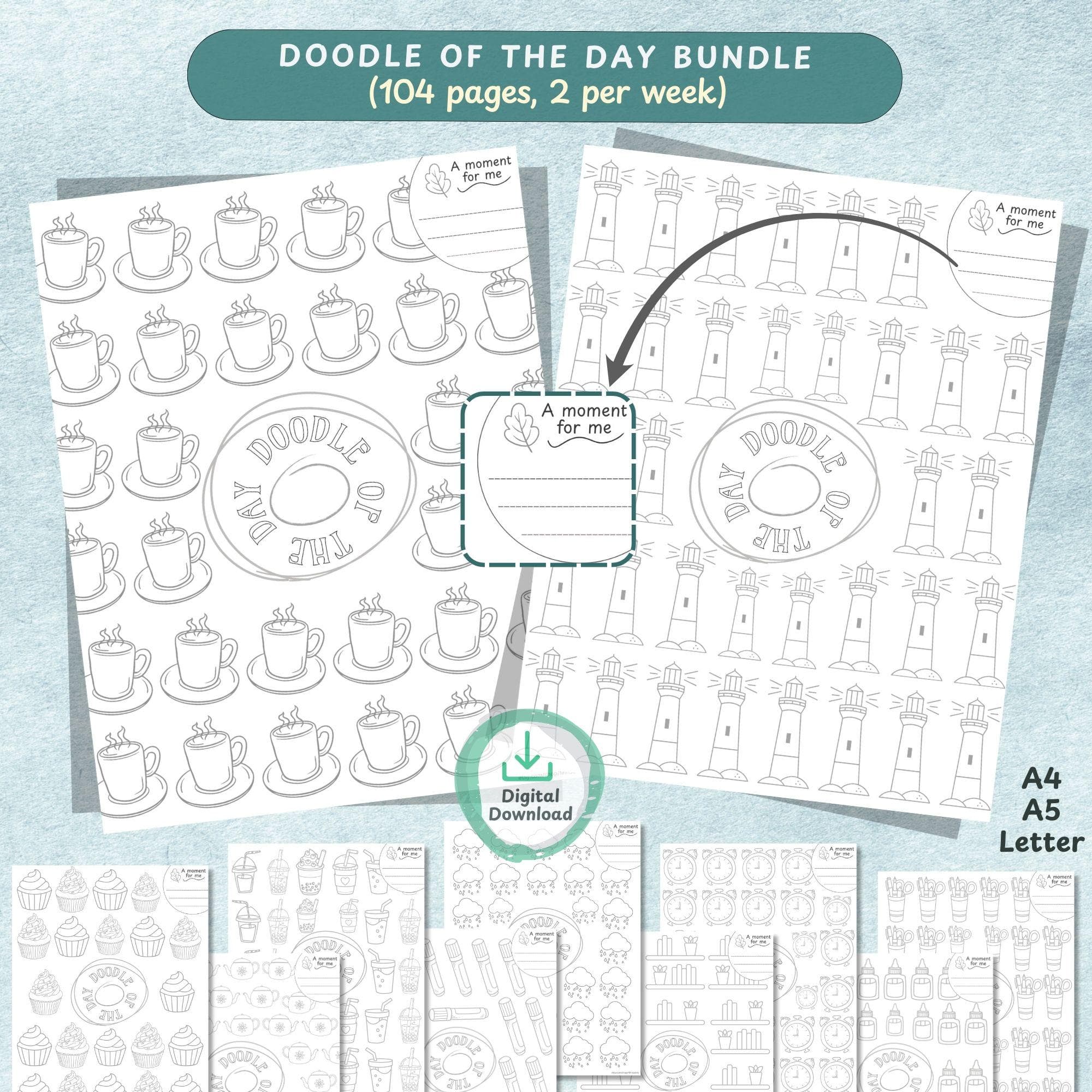 Doodle of the Day Coloring Pages | Printable Daily Mindfulness Relaxing Doodle Sheets | A4 A5 Letter