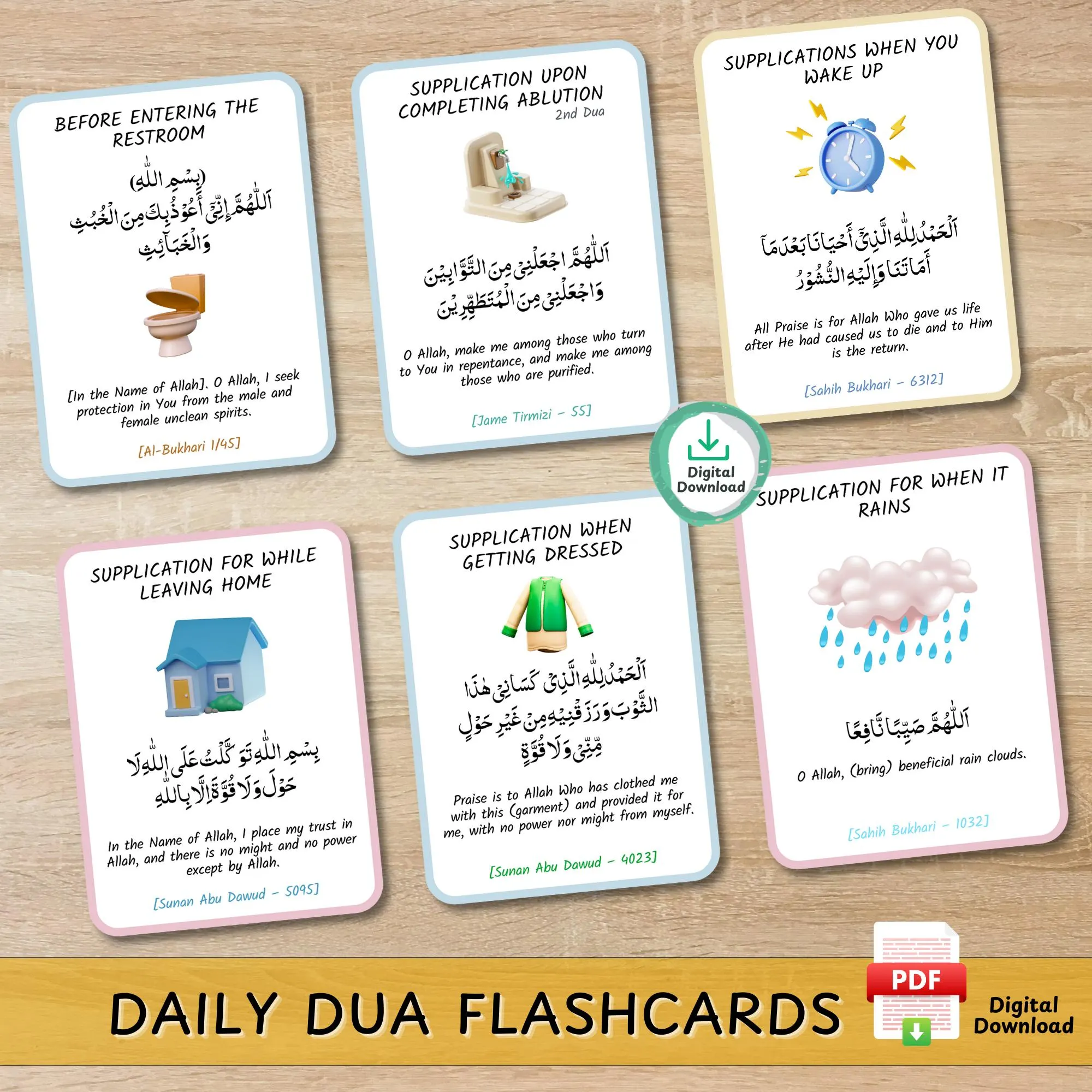 PRINTABLE Islamic Daily Dua Flashcards for Kids, Supplication Islamic learning Prophets Prayers for Children, Ramadan Dua - PDF