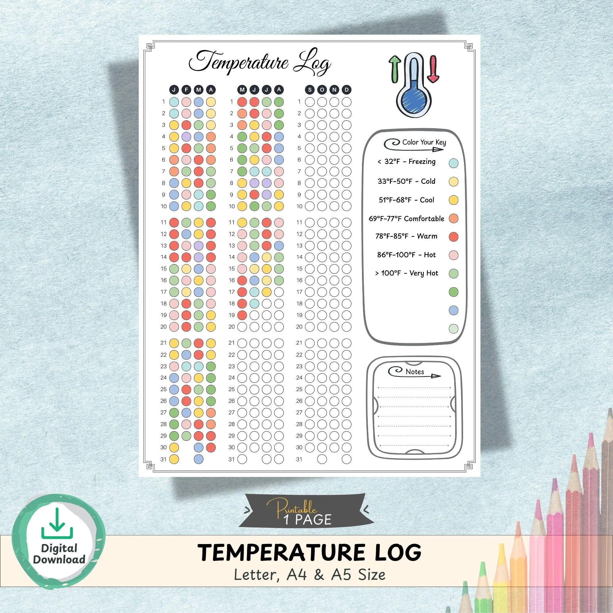 Temperature Log Printable | Weather Tracker Chart | Monthly Climate Log | A4 A5 Letter