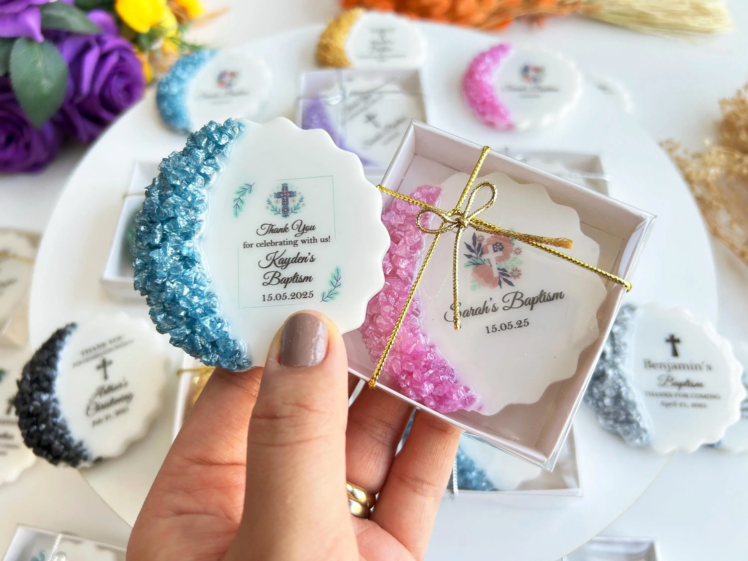 Baptism favors for boy, girl or guest: Custom Epoxy fridge magnet souvenir, First communion gift, Christening giveaway, Confirmation decor