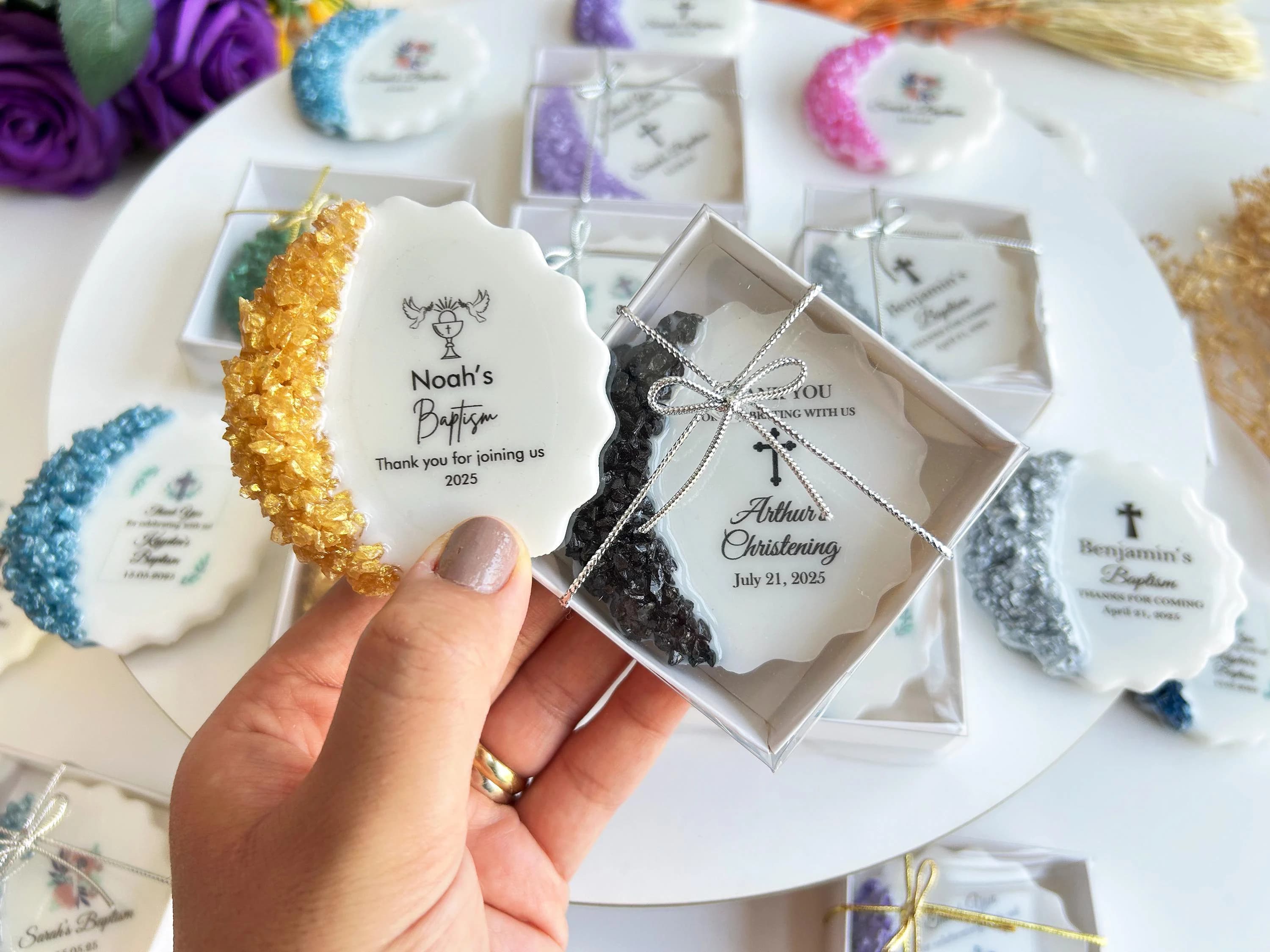 Baptism favors for boy, girl or guest: Custom Epoxy fridge magnet souvenir, First communion gift, Christening giveaway, Confirmation decor - image 3