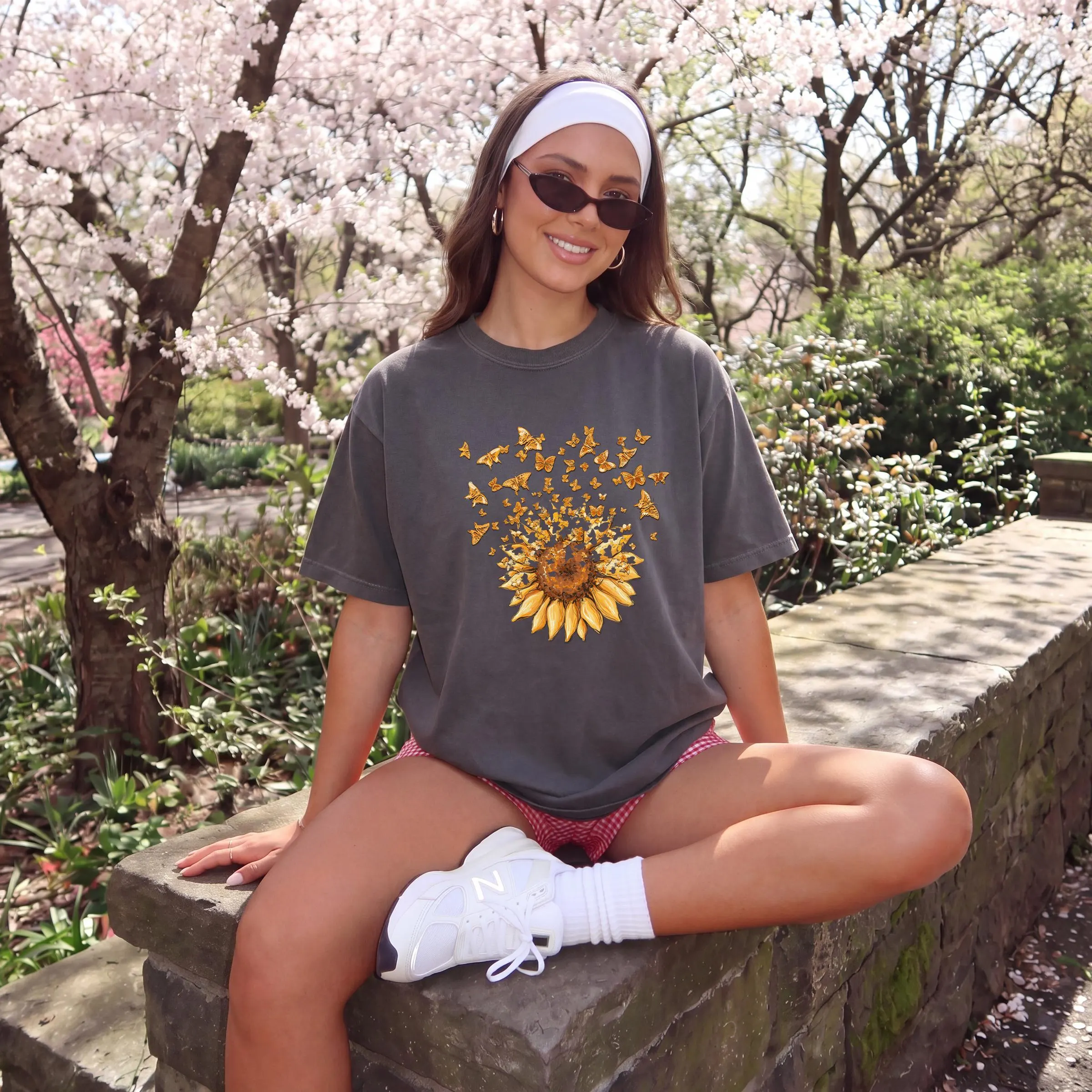 Comfort Colors Sunflower Butterfly T-Shirt, Vintage Wash Floral Tee, Cottagecore Shirt, Fairycore Clothing, Nature Lover Gift