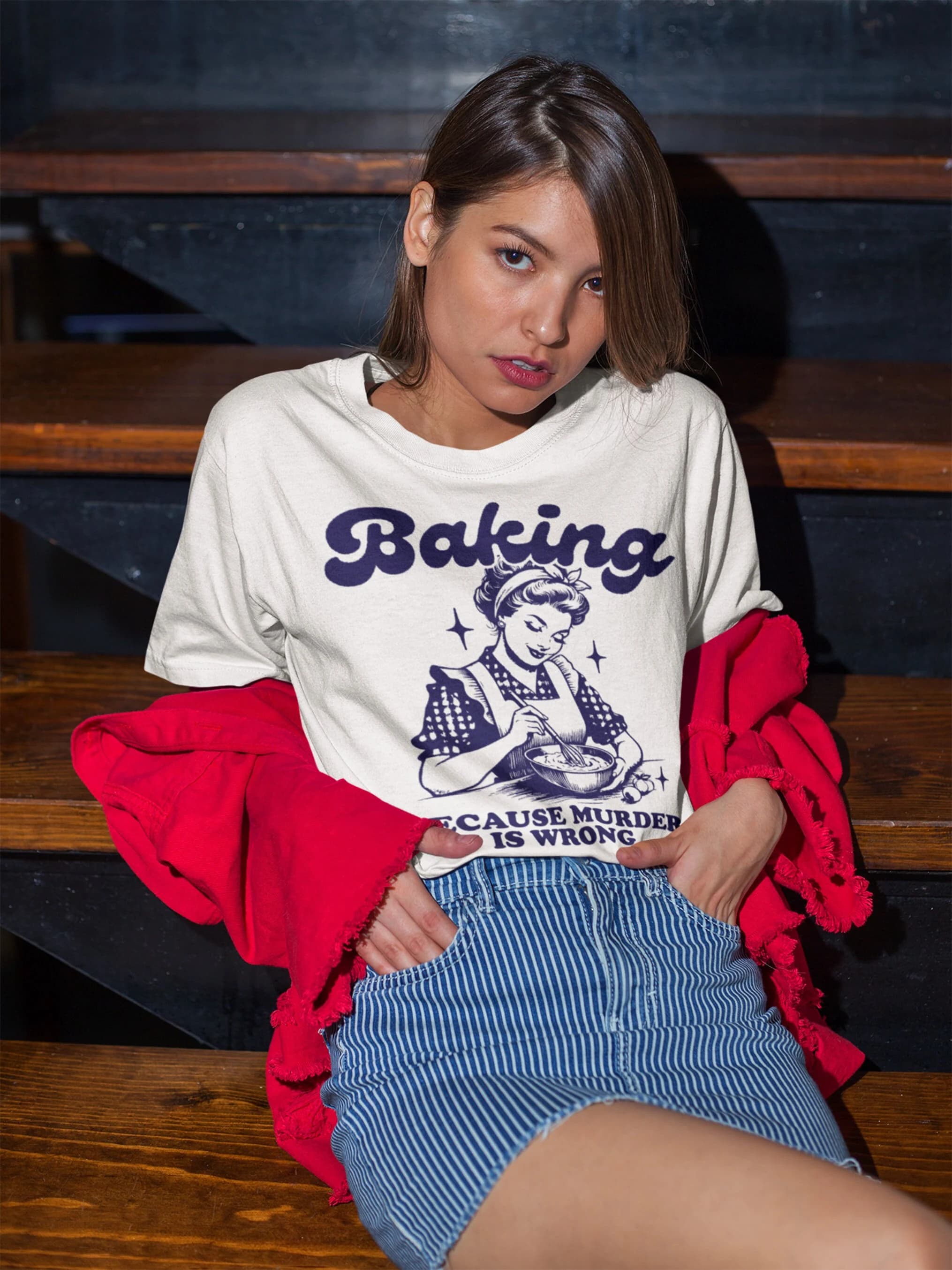 Baking Because Murder Is Wrong T-Shirt, Funny Cat T Shirt, Biscuit Making, Oversized Aesthetic Tee, Funny Baking Gift, Baking Shirt