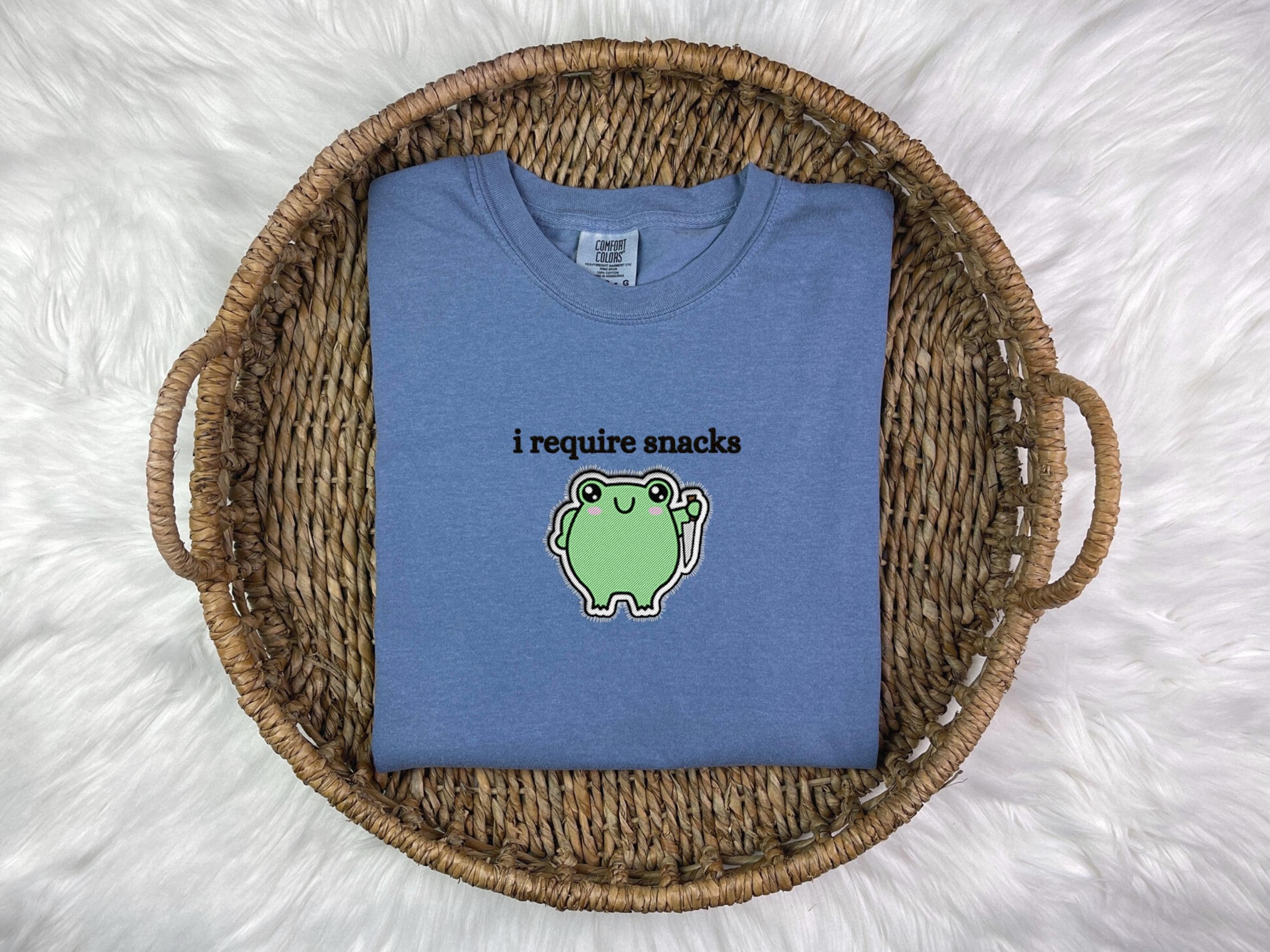 Funny Frog T-Shirt | Embroidered Frog Shirt | Goblincore Frog Shirt | Cute Frog Gift | I Require Snacks