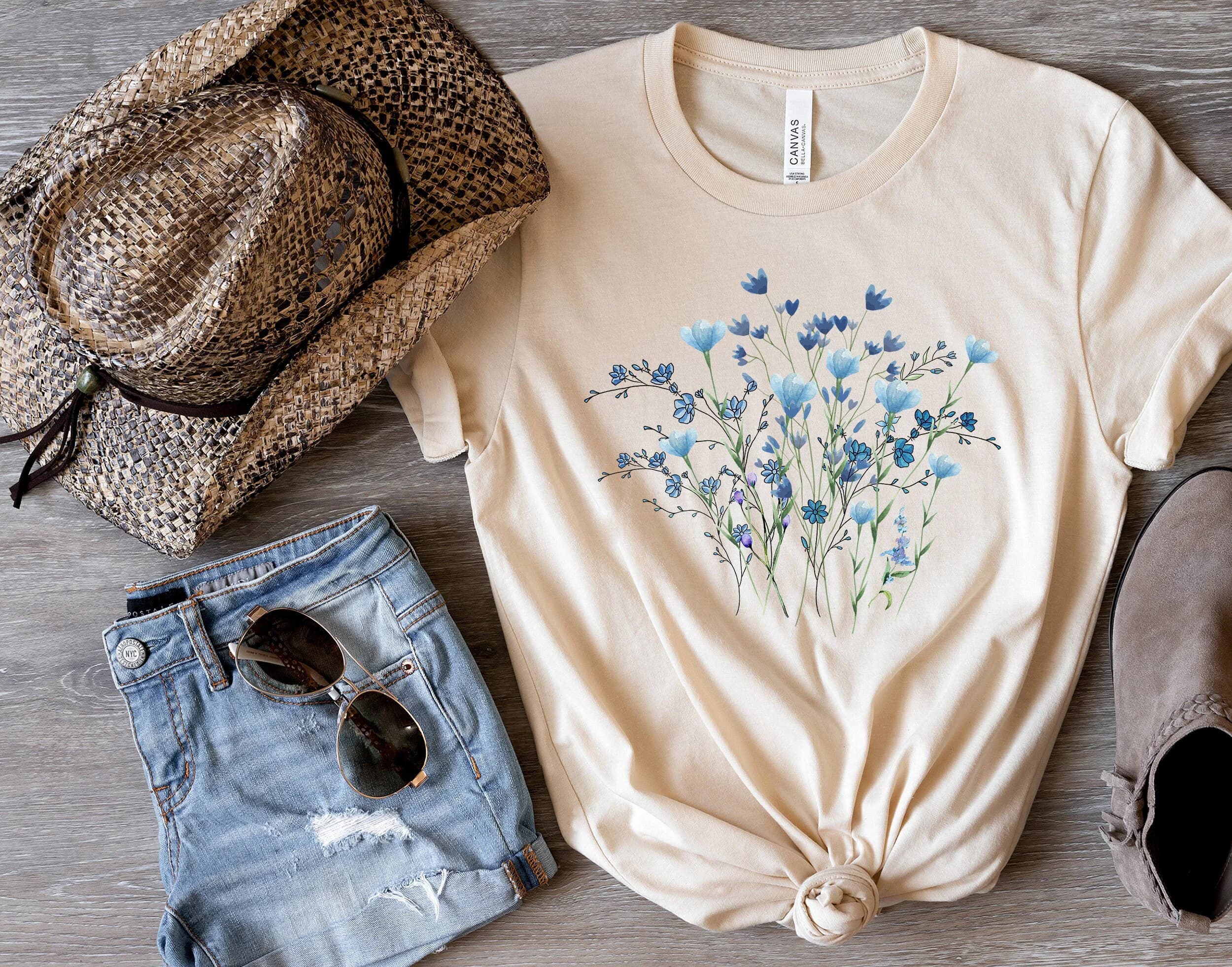 Blue Wildflowers T-Shirt, Floral Shirt, Botanical Shirt, Cottagecore Clothing, Cottagecore Shirt, Fairycore, Floral T Shirt