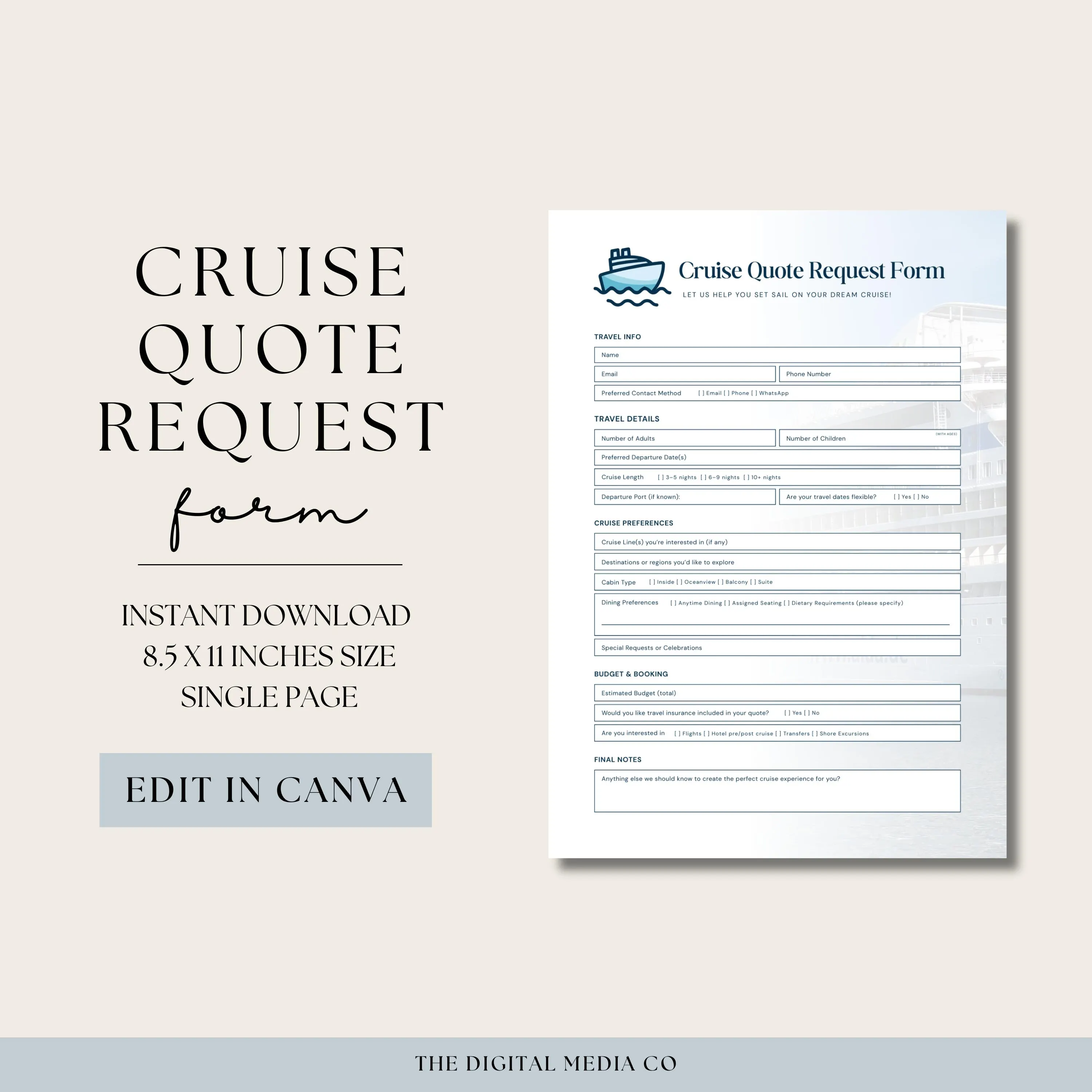 Cruise Quote Request Form Template, Travel Agent PDF, Editable Printable Client Sheet, Canva Tour Document, Boat Trip Intake Form, Agency