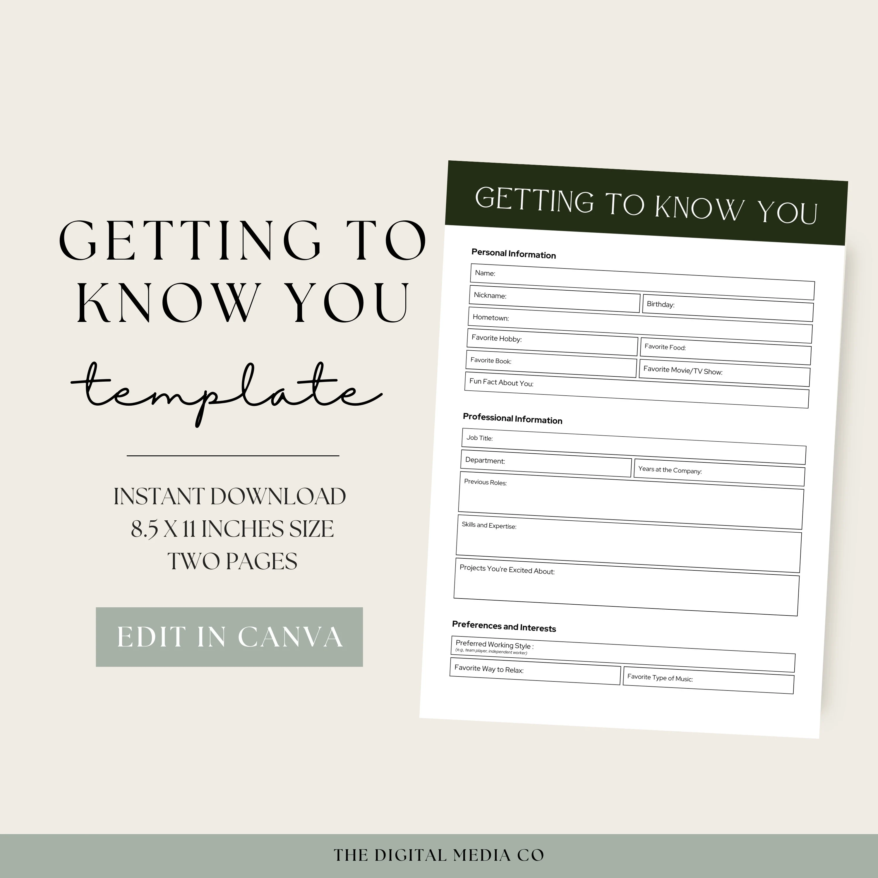 Getting To Know You Template, Printable Ice Breaker Questionnaire, Digital Canva Form, Staff SurveyParty Printable, Editable Team Building