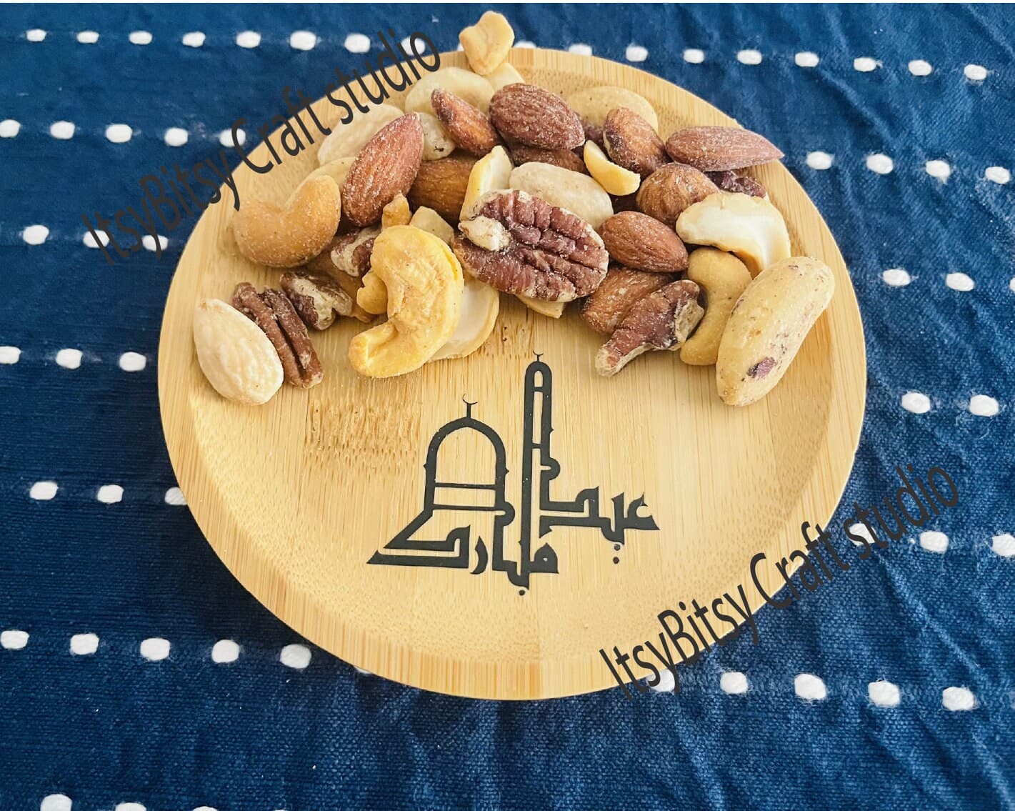 Islamic Wood Platter, Round Dry Food Server, Eid Mubarak, Ramadan Mubarak, Ramadan gift, Eid gift, decorative wood platter - image 2