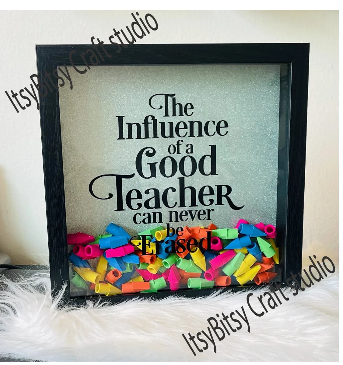 Teacher Appreciation Shadow Box: Eraser Cap Gift, Customized Quote