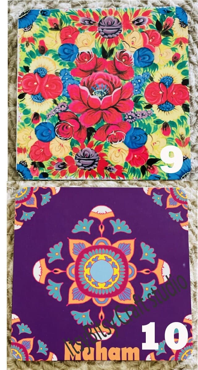 floral coasters, coasters set, set of coasters, tea coasters, ethnic design coasters, desi ethnic coasters, desi coasters, bright coasters, vibrant coasters, nikkah favors, mehndi favors, mayoun favors