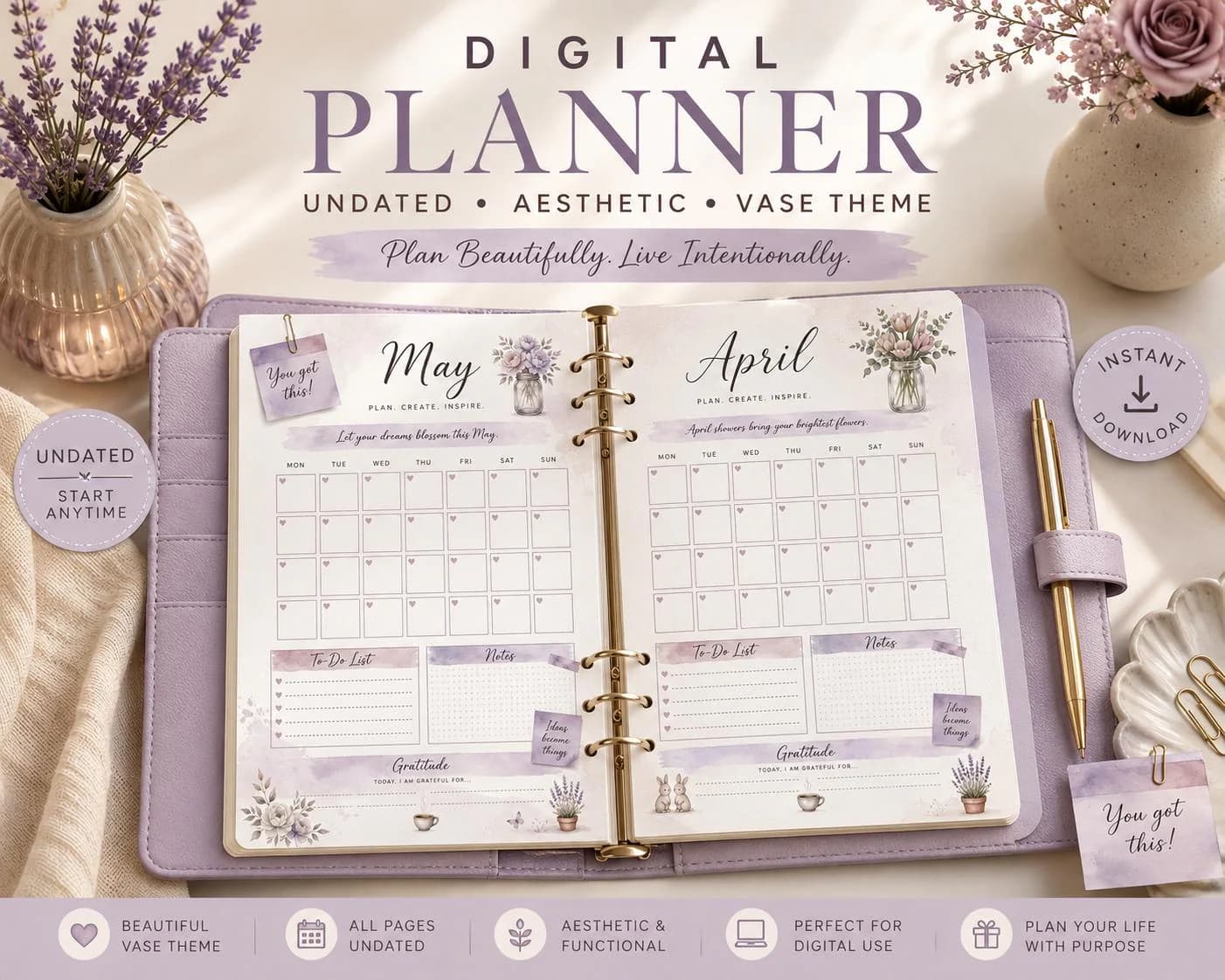 Undated Purple Vase Planner Printable |  Journal & Goal Planner | JPEG Download