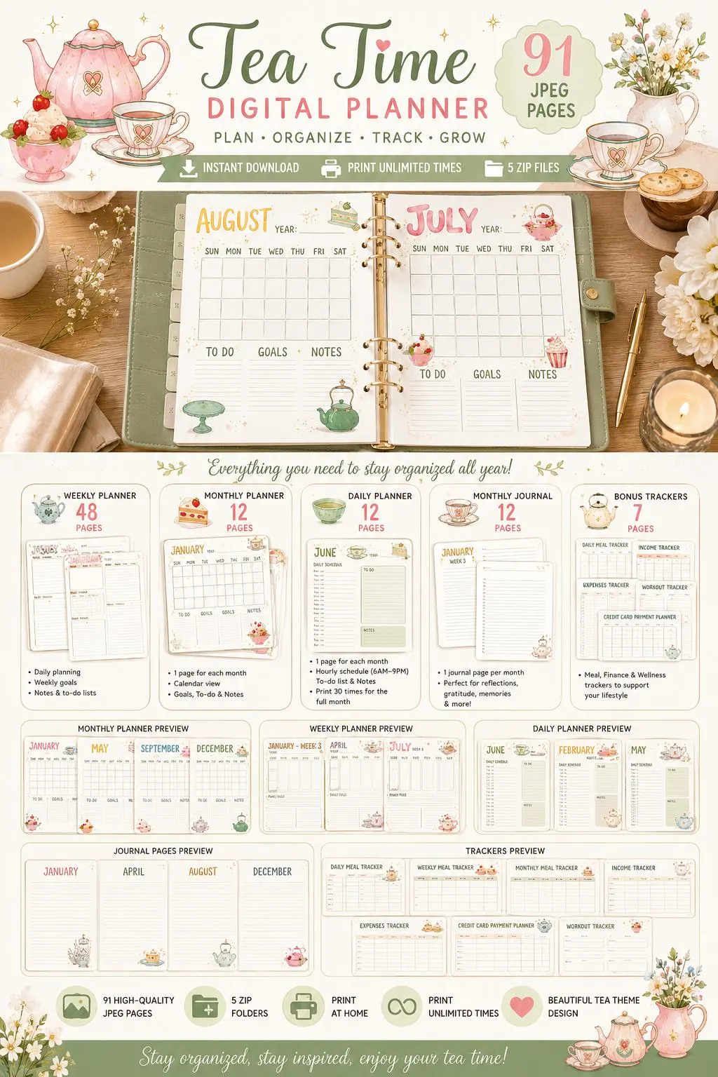 Tea-Themed Digital Undated Planner Printable | 91 JPEG Pages | Weekly, Monthly & Daily Planner | Instant Download - image 3