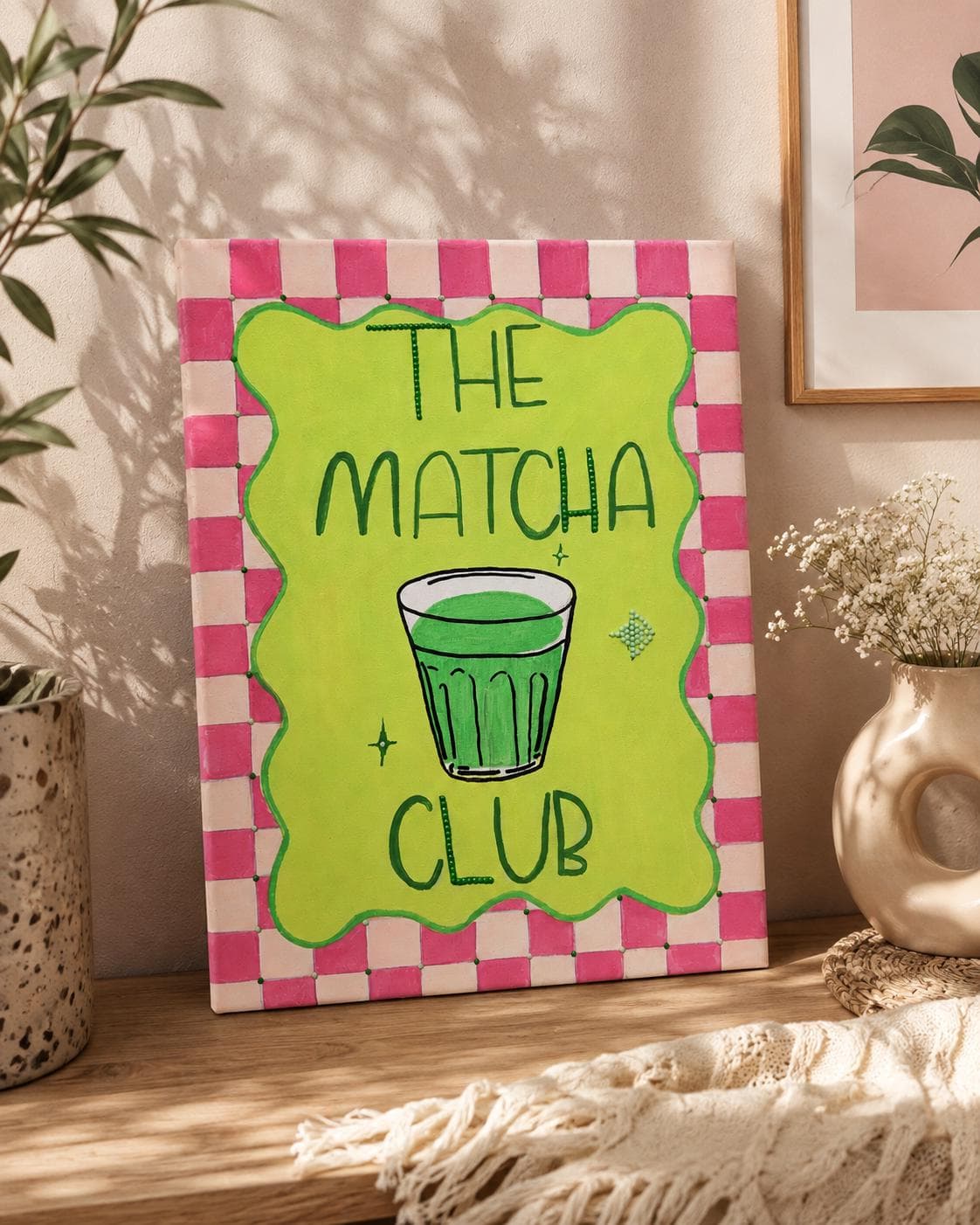 Hand-Painted Matcha Club Canvas | Rhinestone Embellished Wall Art (14x11)