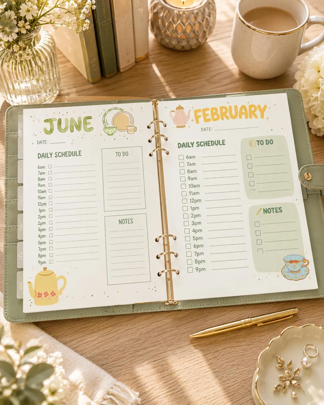 Tea-Themed Digital Undated Planner Printable | 91 JPEG Pages | Weekly, Monthly & Daily Planner | Instant Download