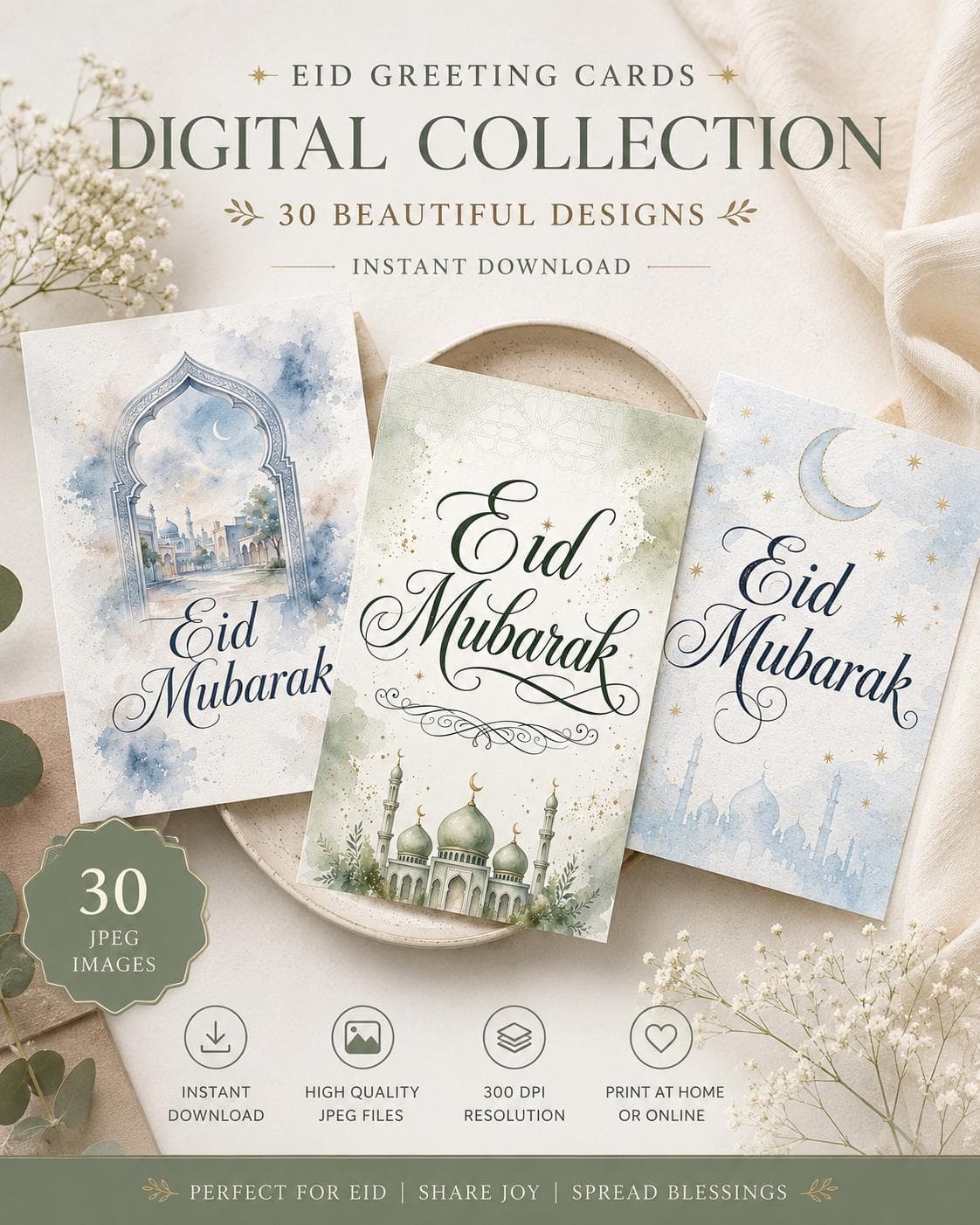 30 Eid Mubarak Watercolor Cards | Islamic Muslim Greeting (Digital Download) - image 2