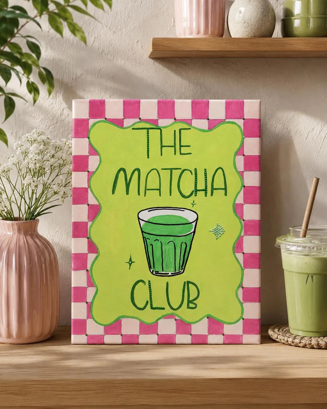 Hand-Painted Matcha Club Canvas | Rhinestone Embellished Wall Art (14x11) - image 3